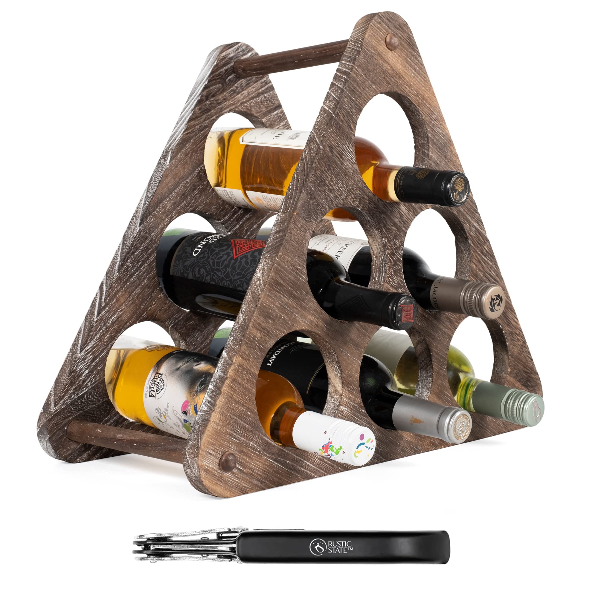 Rustic State Marche Triangle Table Top Wood Wine Rack 6 Bottles and Corkscrew Burnt Brown