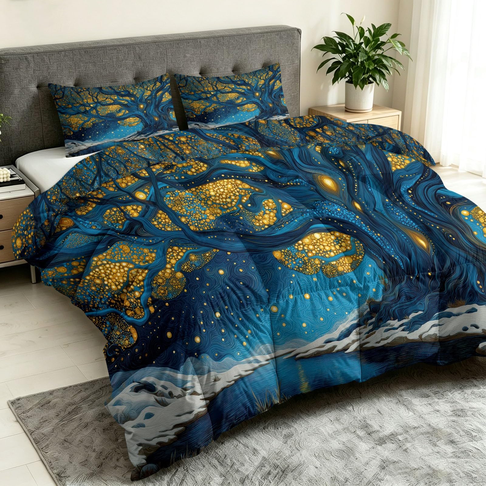 Kołdra bez poszewki, 155 x 220 cm, motyw drzewa życia, śnieg, strumień, ciepła kołdra pikowana na 4 pory roku, dla alergików, lekka kołdra całoroczna, Fantasy z 2 poszewkami na poduszki