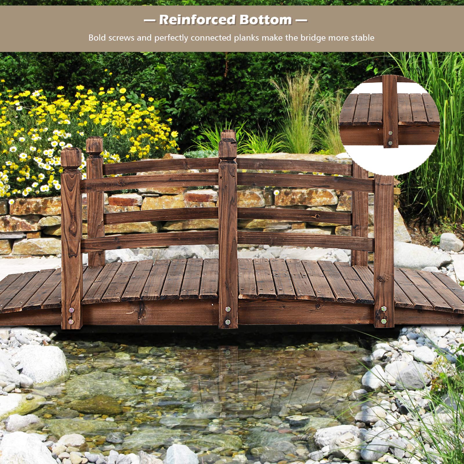 GIANTEX - Puente de jardín de madera carbonizada para estanque, decoración exterior, 150 x 67 x 55 cm, carga máxima 100 kg (marrón)