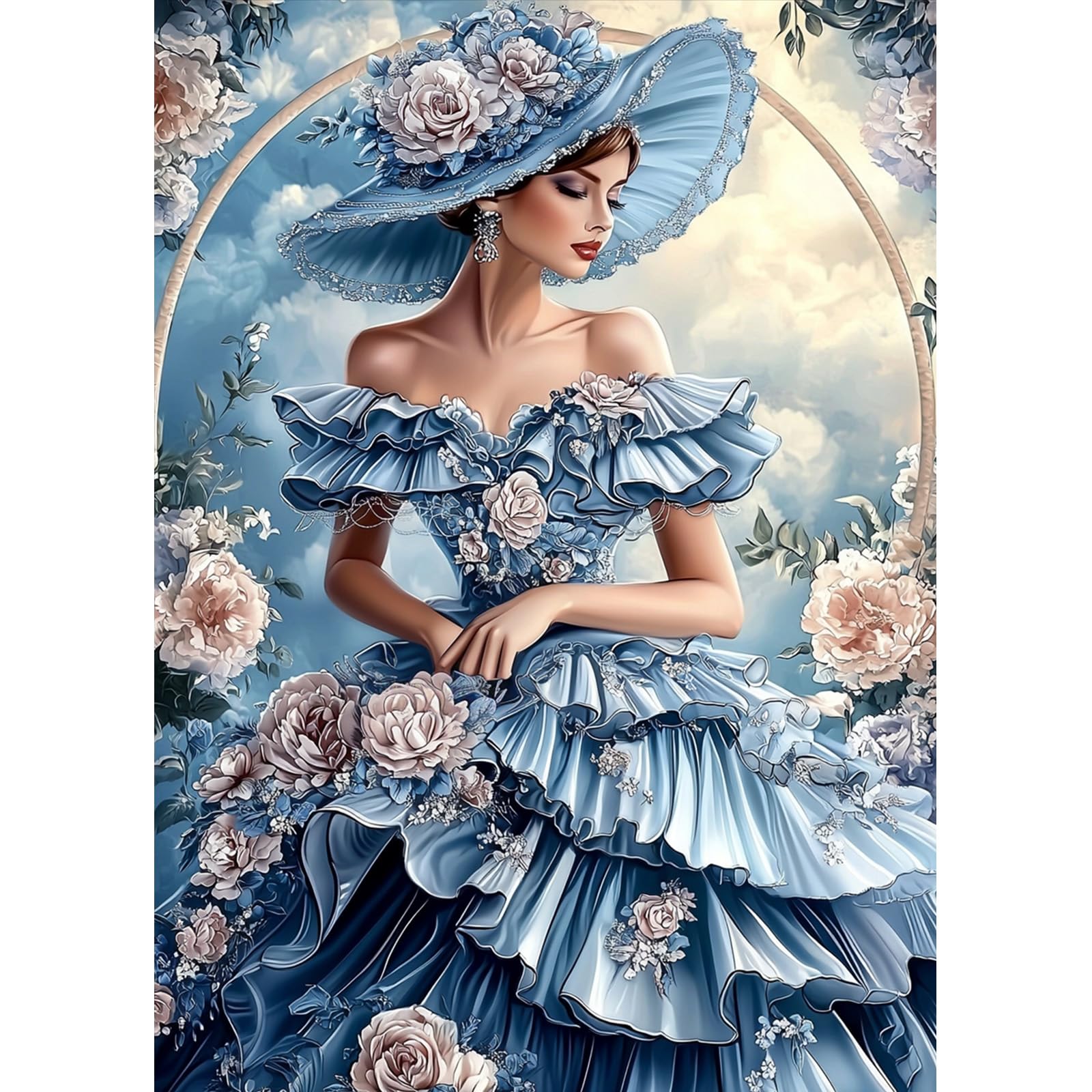 MAXBYE Diamond Painting Kit Adults, 5D Diamond Art Gem Art Cross Stitch for Beginner, DIY Vintage Blue Dress for Woman Round Full Drill Crystal Craft Gifts Home Wall Decor 30x40cm