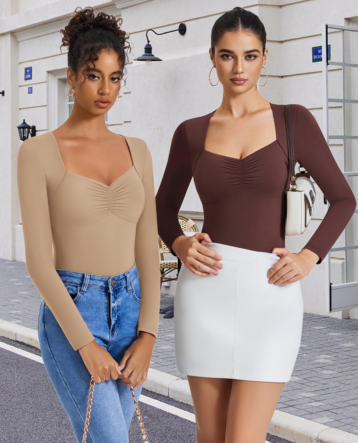 Avidlove Women's Sexy Sweetheart Neckline Bodysuit Tops Long Sleeve Double Lined Thong Body Suits Ruched Outfits - Image 5