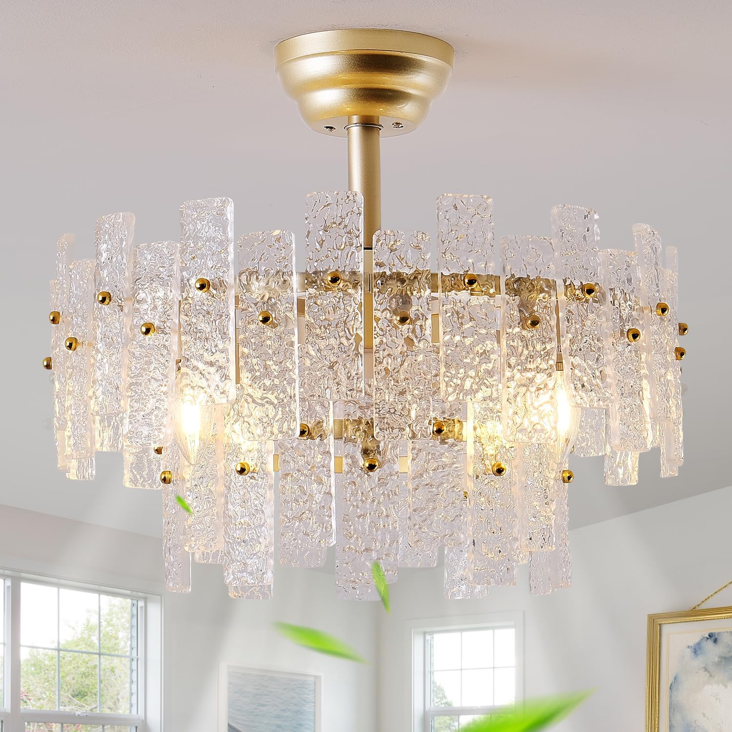 20" Gold Fandelier Ceiling Fan with Light,Gold Crystal Chandelier Ceiling Fans with Lights and Remote Control,Mid-Century Modern Caged with 6 Speeds for Living Room Bedroom Nursery ?Gold Fandelier