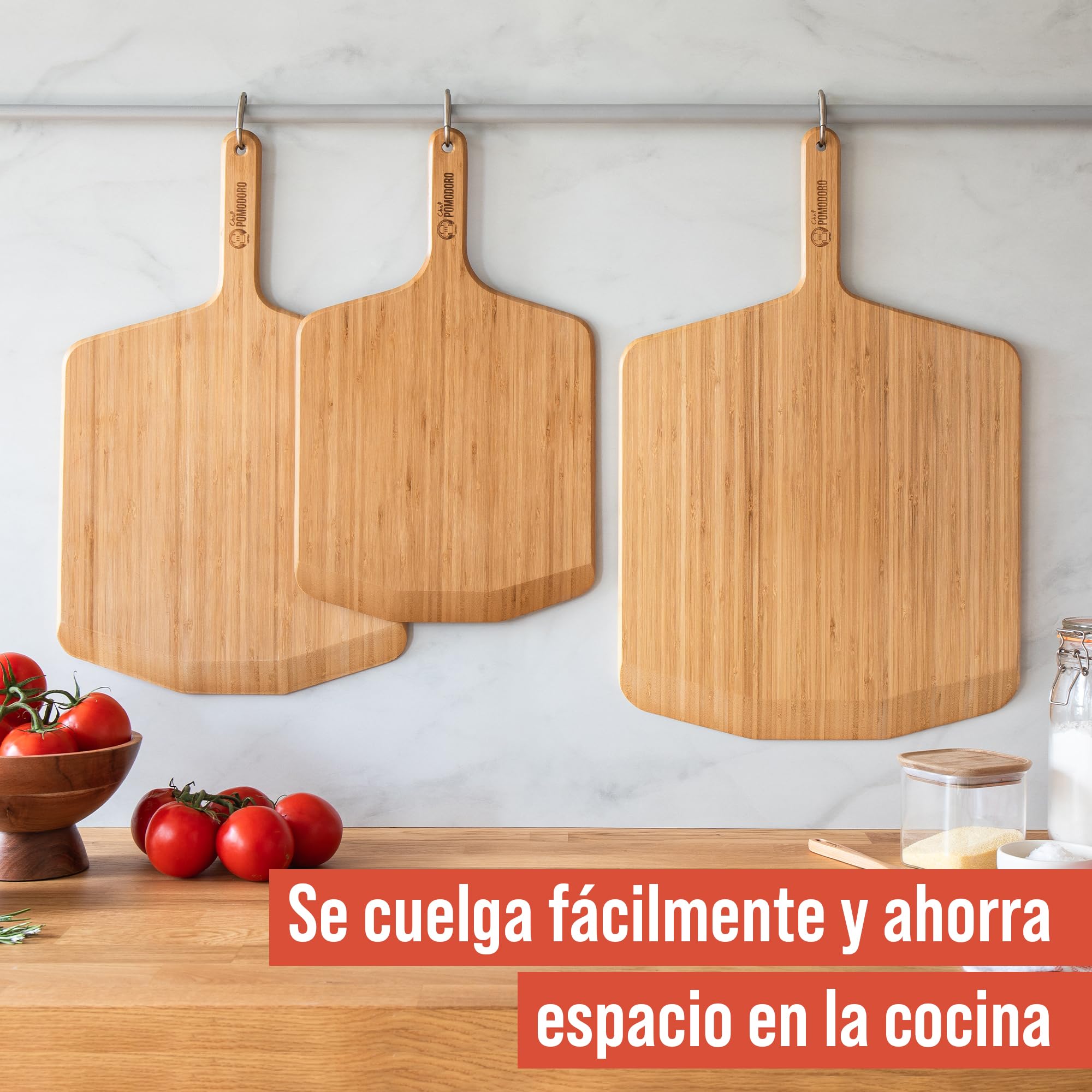 Chef Pomodoro Pala Pizza 41 cm, Tabla Pizza Horno de Madera de Bambú para Hornear Pizza Casera y Pan, Bandeja Madera Aperitivos, Embutidos y Quesos, Utensilios de Cocina para Pizzeros
