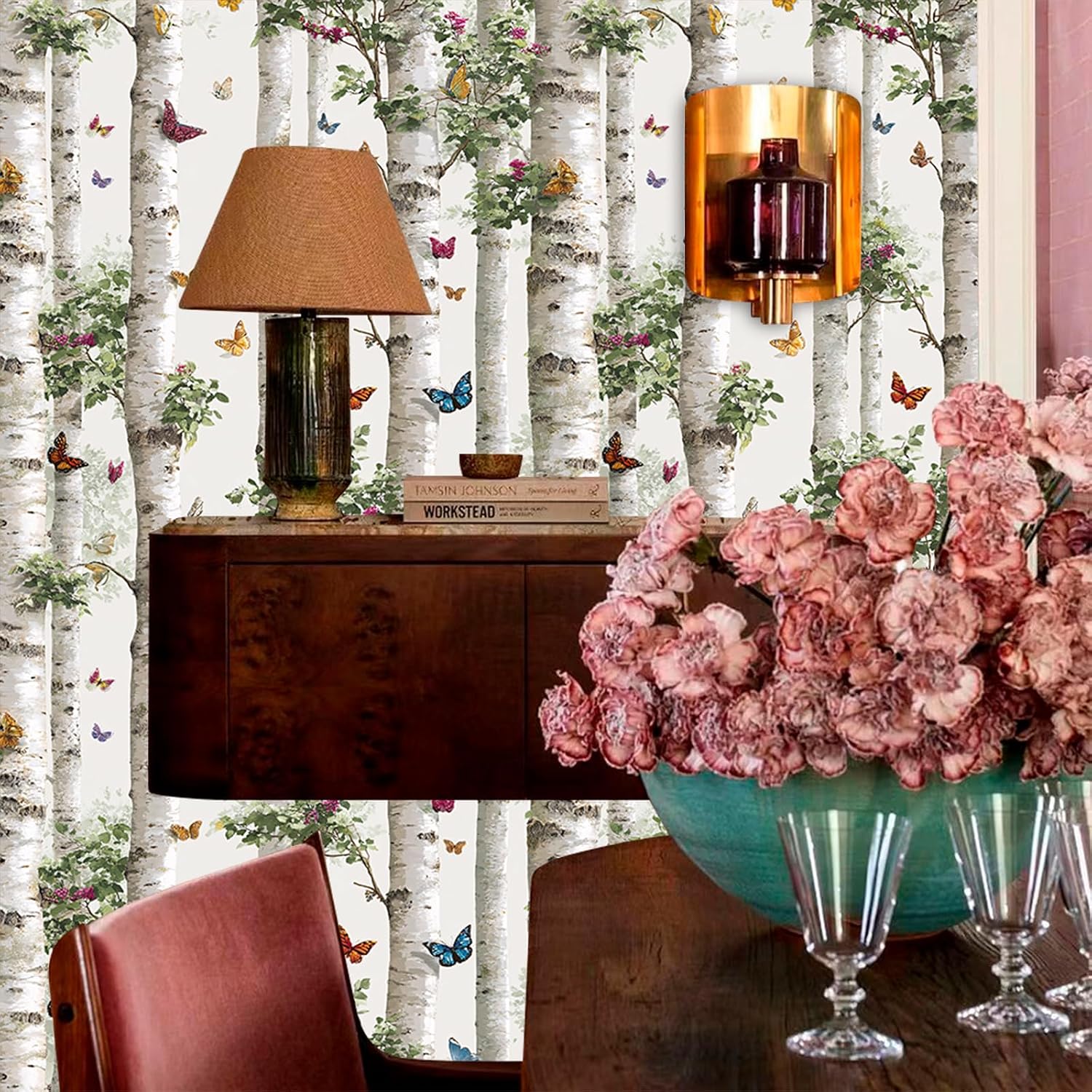 Enchanting White Birch Trunk Vibrant Multicolored Butterfly Peel and Stick Wallpaper Easy Peel Off Contact Paper Stick on Adhesive Wall Paper for Bathroom Waterproof Renter 17.71"x236.2"