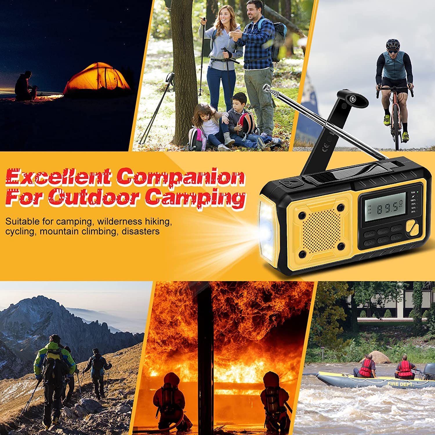 Radio Solaire Portable Urgence Météo 5000 mAh Manivelle FM/AM/SW Dynamo avec Lampe LED Alarme SOS USB Écran LCD Charge de Téléphone Prise d'Écouteur pour Randonnée Camping
