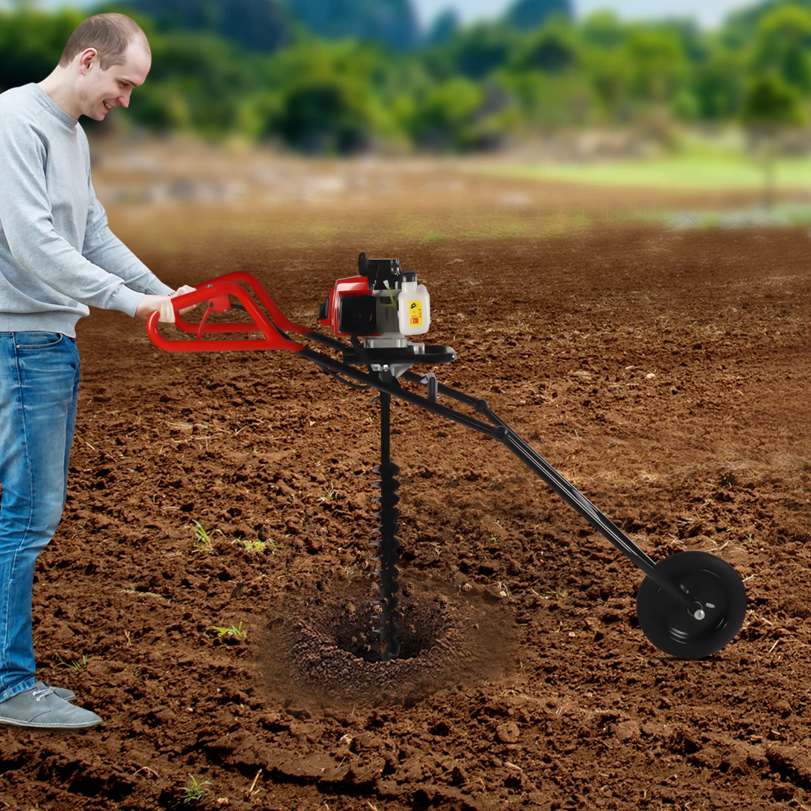 63CC Benzin Erdbohrer Erdlochbohrer mit 80mm Bohrer, 3HP Pfahlbohrer mit Fliehkraftkupplung, Faltbar Hand Push Brunnenbohrer für Landwirtschaft/Forstwirtschaft/Baumpflanzungen - Schwarz