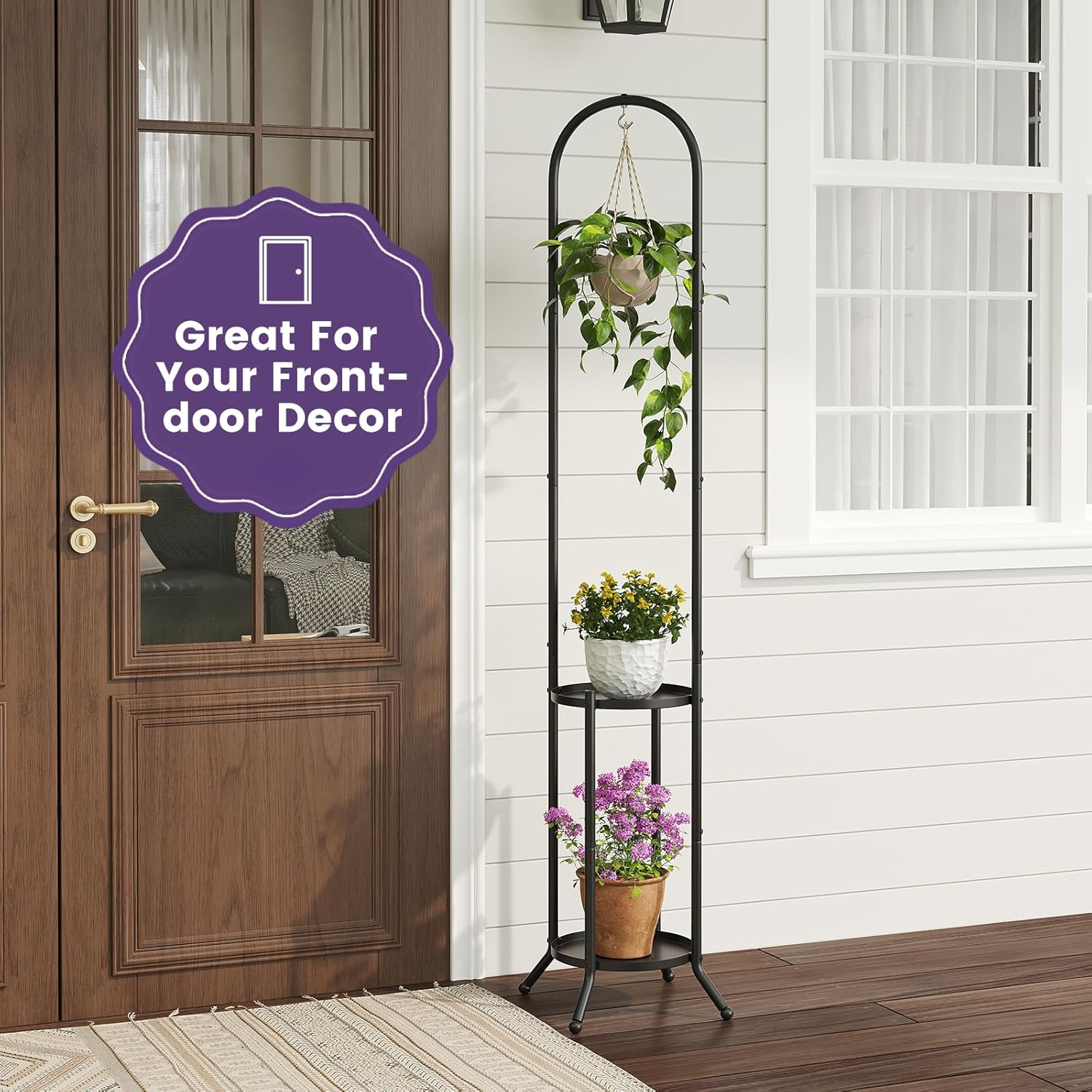 2-Tier Metal Plant Stand with Hanging Hook, Indoor Outdoor Plant Shelf (Black)