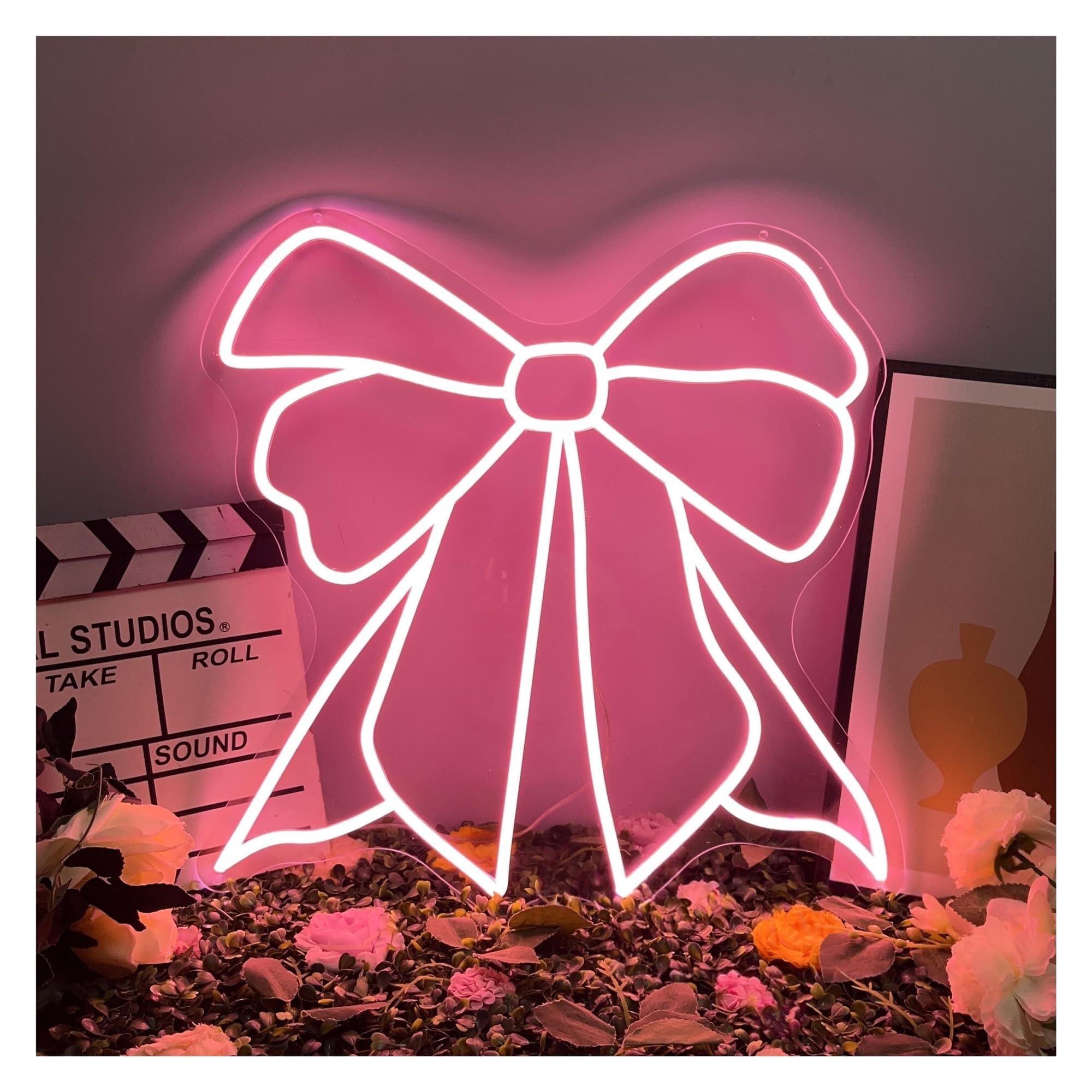 RONGCH Hanging Art Signs Pink Bow Neon Sign Girl's Room Decor Gameroom Bedroom Bar Livingroom Birthday Party Wall Decoration 40cm