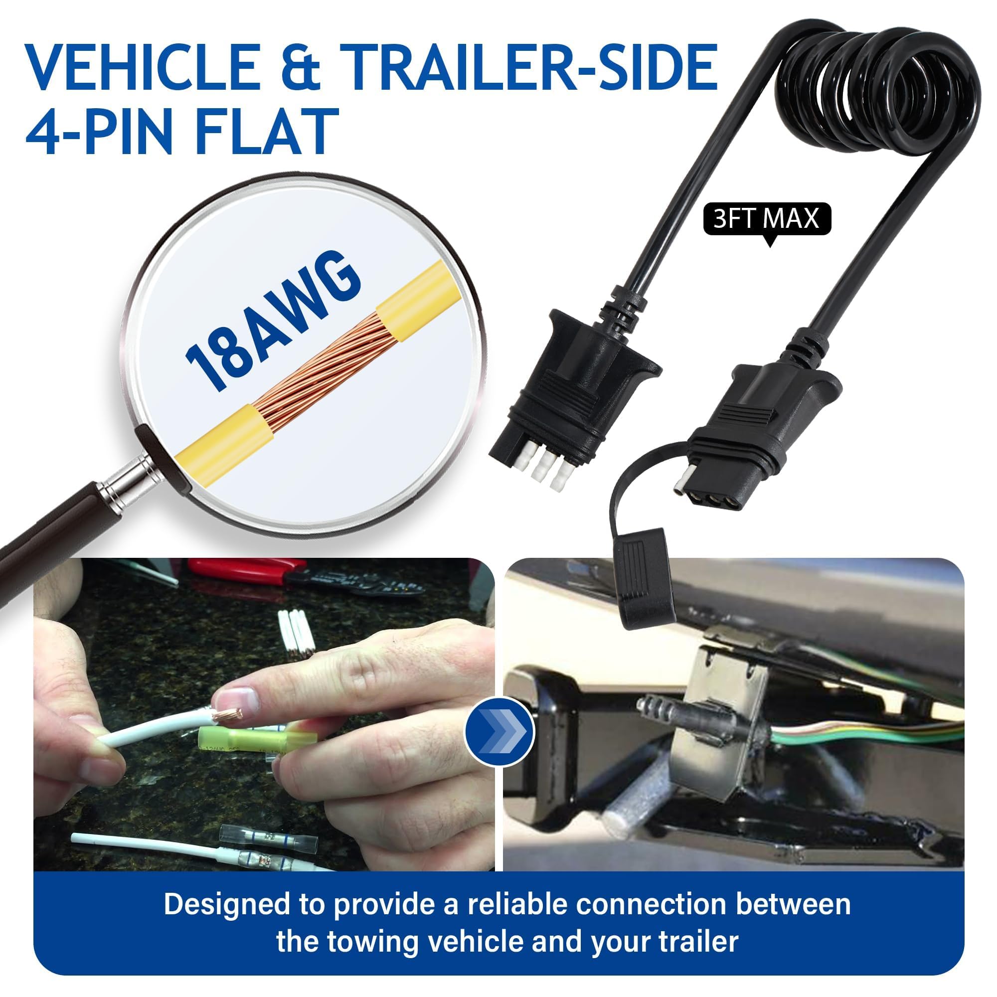 MECMO Extensión de cable plano de 4 vías para remolque, cable en espiral elástico de 3 pies y 36 pulgadas, adaptador en espiral macho y hembra de 4 pines, calibre 18, cable recubierto resistente,