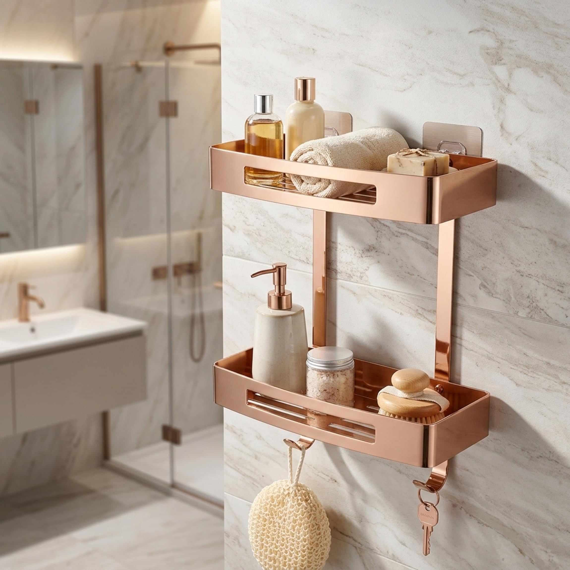Estante esquinero para baño, carrito de ducha de doble nivel, organizador de pared adhesivo de acero inoxidable 304 con ganchos, oro rosa sin taladro