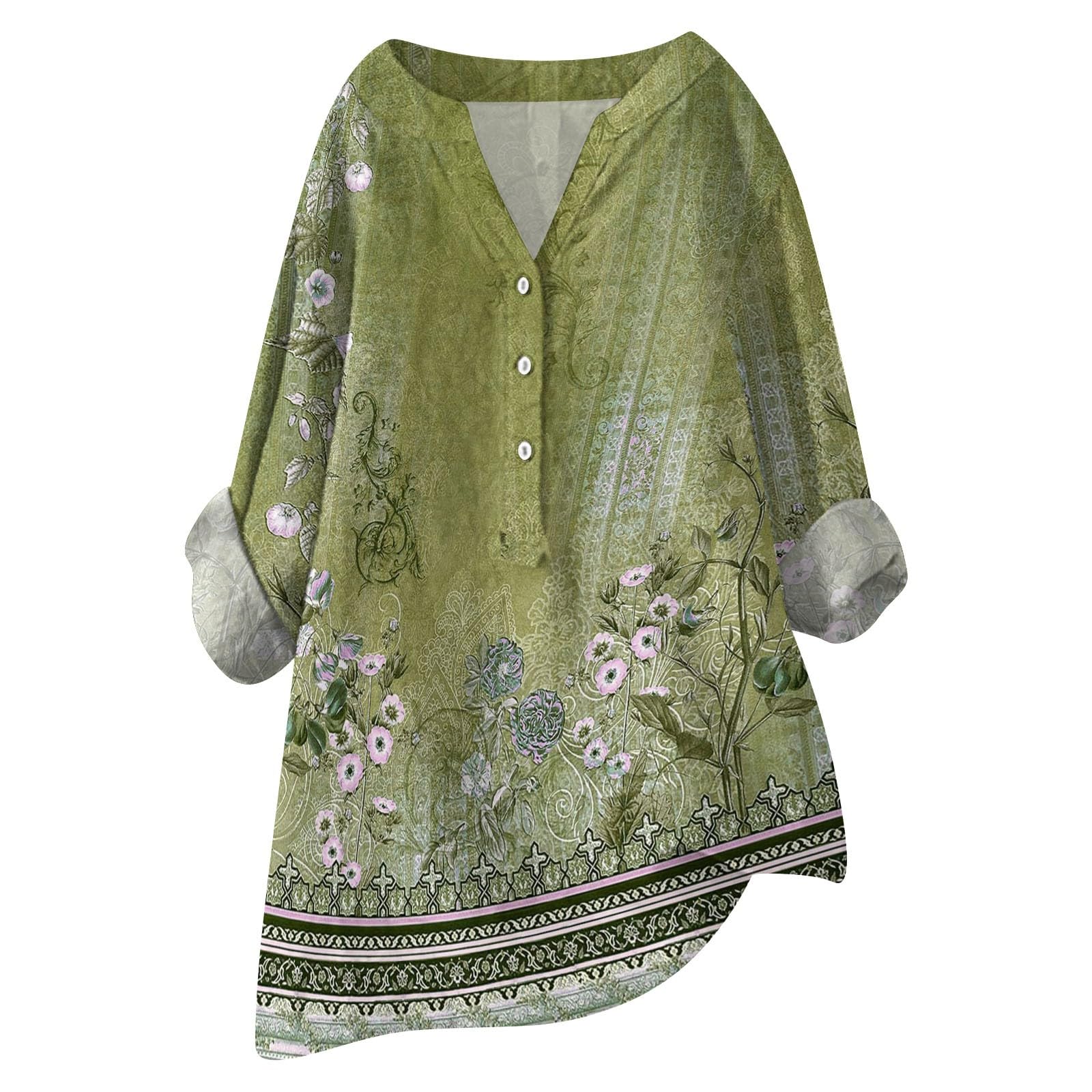 Women Oversized Cotton Linen Shirts Button Down Summer Blouse Roll-Up Sleeve Tops Tunic Trendy Boho Ladies Clothes 2024(Zc Green,3X-Large)