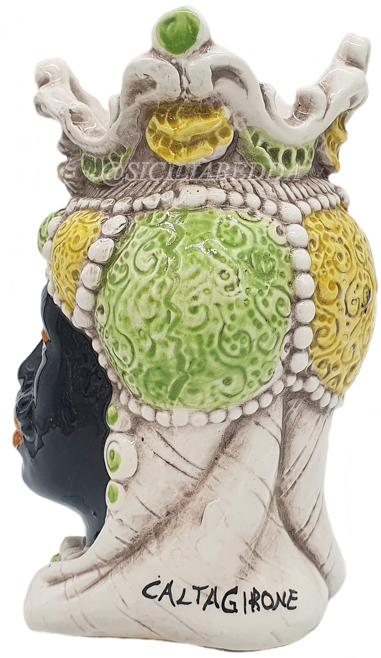 sicilia bedda - Coppia Teste di Moro Siciliane in Ceramica di Caltagirone - Realizzato Interamente a Mano - H 13 Centimetri (Giallo e Verde)