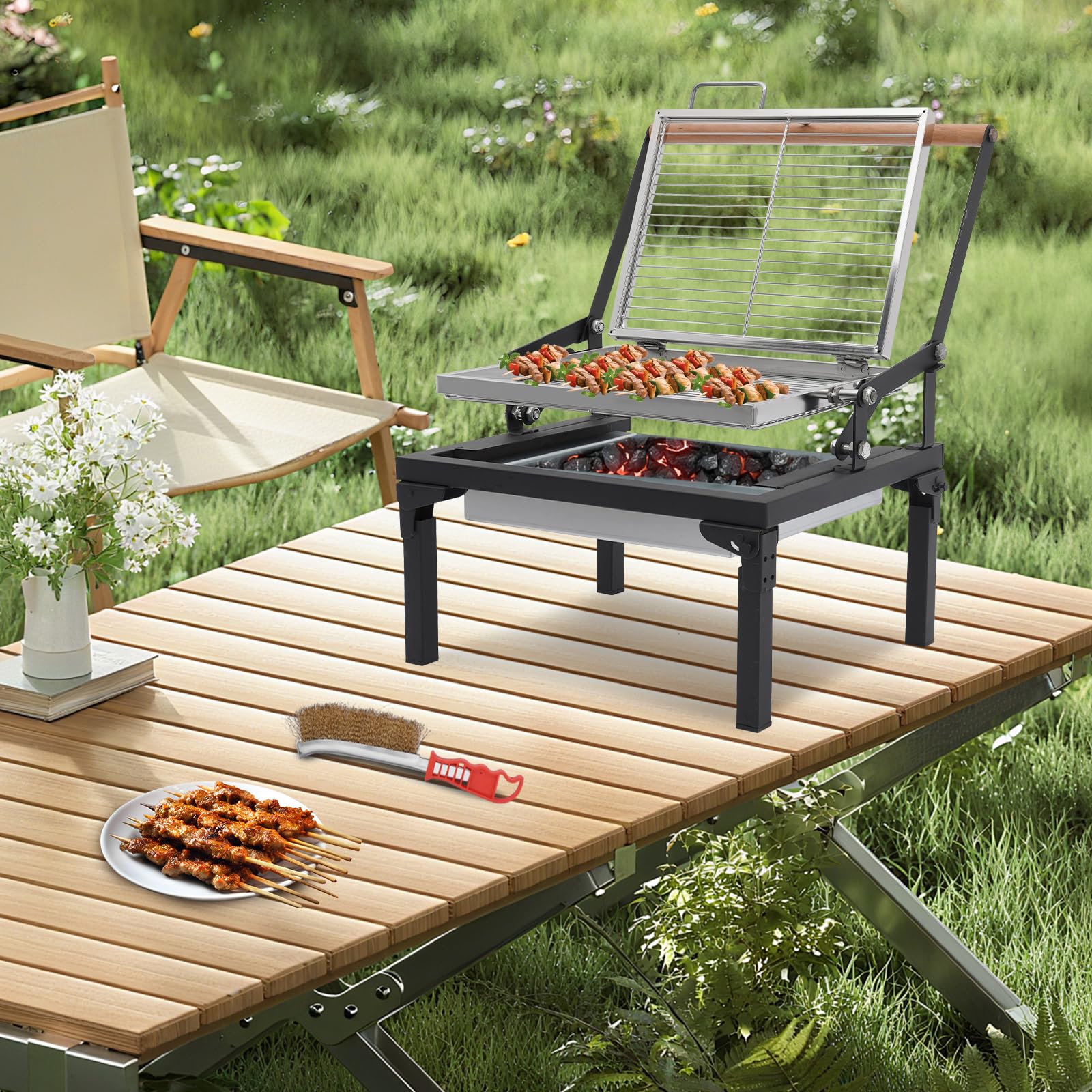 Barbecue pieghevole a carbonella, 48 cm/68 cm, con griglia girevole a 360°, per campeggio, giardino, picnic e spiaggia, pieghevole in acciaio inox con funzione di trasporto (48 cm)