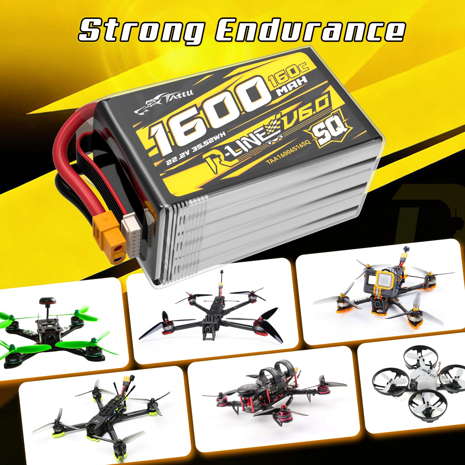 Tattu Akumulator LiPo 6S 1600 mAh R-Line V6 22,2 V 160C LiPo z wersją XT60 – SQ – akumulator o wysokiej wydajności do FPV Racing & Freestyle