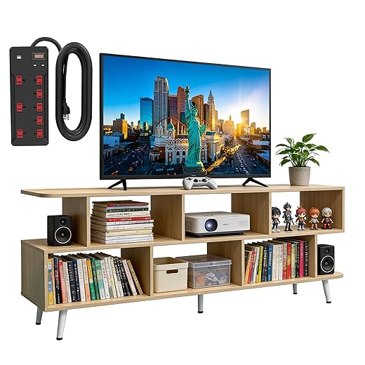 65" Walnut TV Stand with Power Outlet for TVs up to 75", Large Entertainment Center with 8 Open Shelves,Media Console Table for Living Room/Entrance/Kitchen/Sofa Cabinet, Easy Assembly