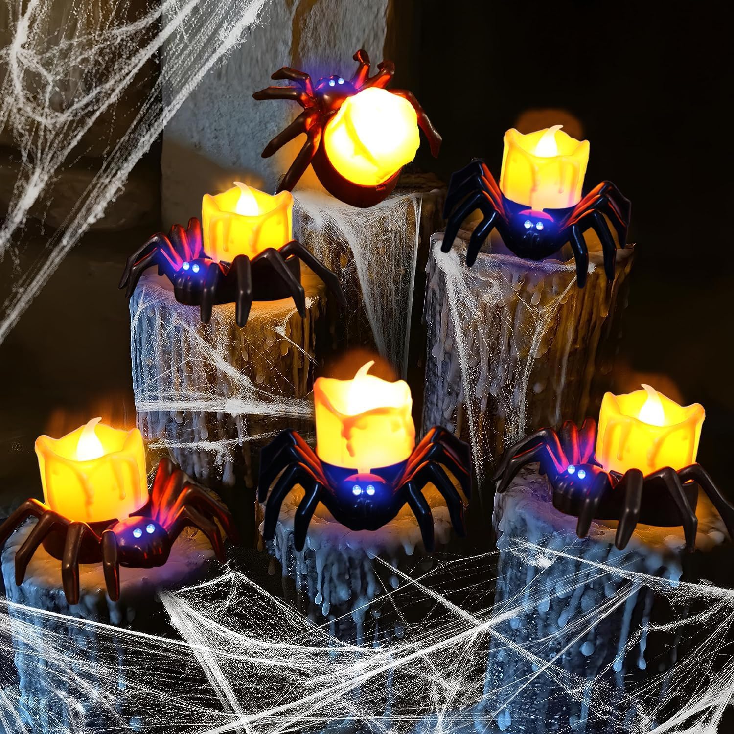 6PCS Halloween Candles, Flameless Halloween LED Tea Lights Spider Candle Tealights Halloween Decor, Battery Operated Halloween Lamp LED Candle Lanterns Fake Candles Halloween Party Decorations Indoor