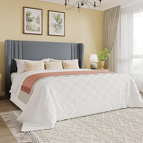 SHA CERLIN Base de cama tapizada de terciopelo de tamaño matrimonial con cabecera de ala capitonada de canal vertical, soporte de listones de