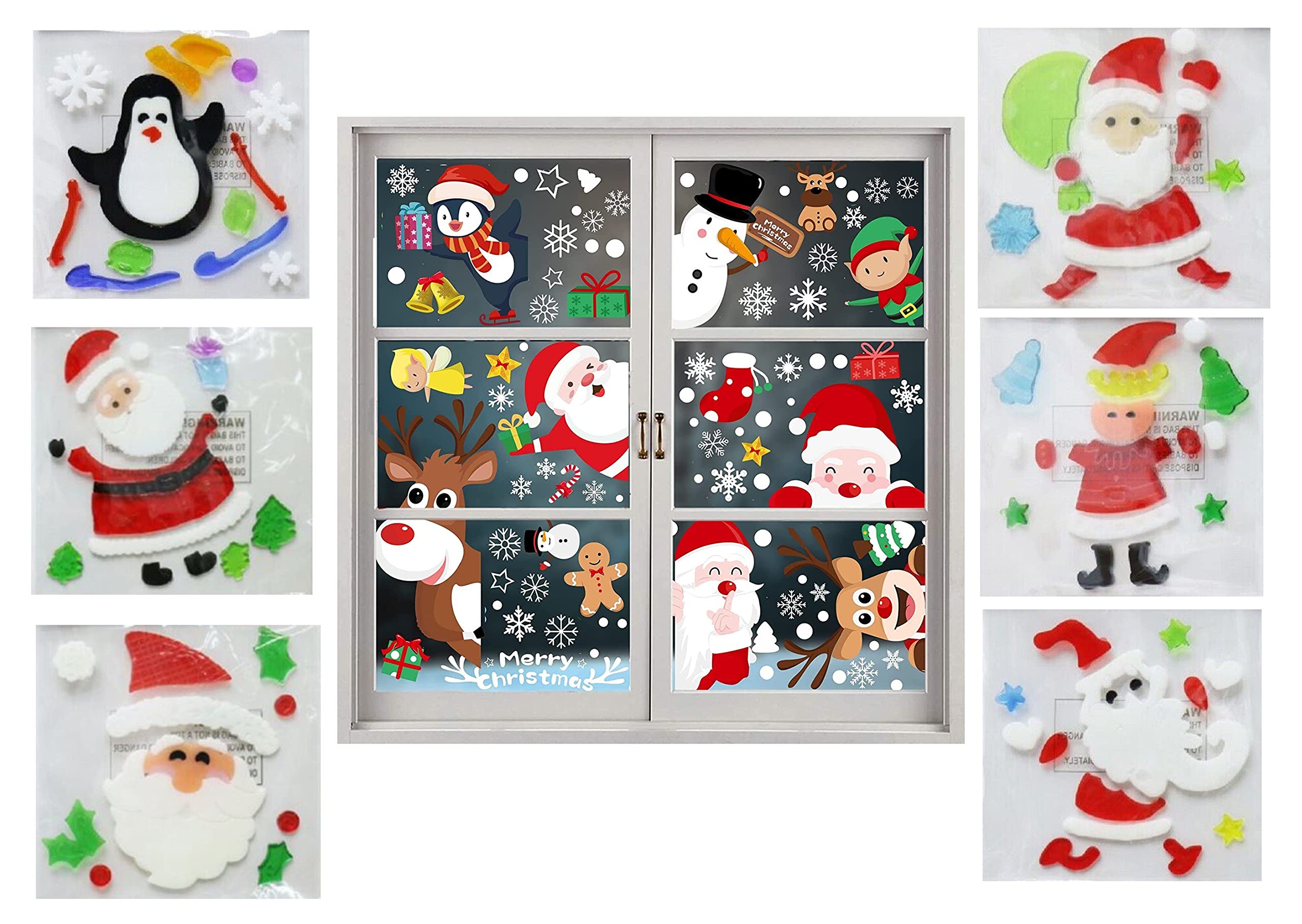 Srv Hub 6Pk Santa Gel Window Stickers Christmas Window Gel Stickers Decorations, Christmas Window Clings Reusable Xmas Window Decals (6Pk Santa Gel Window Stickers)