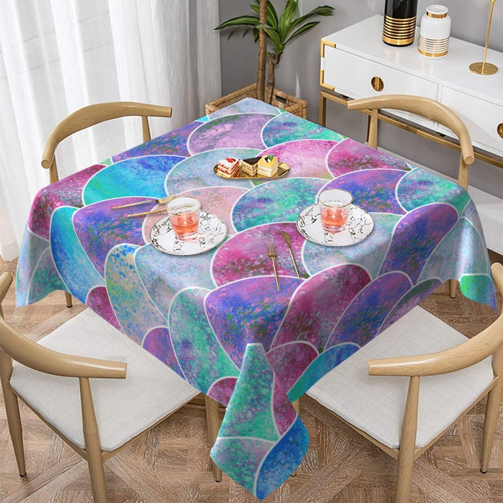 DCEHGEW Watercolor Fish Scale Prints Square Tablecloth 152x152 CM, Waterproof Fabric Table Cloth for Dining Table, Farmhouse Table Cover for Kitchen Dining Tabletop Decoration
