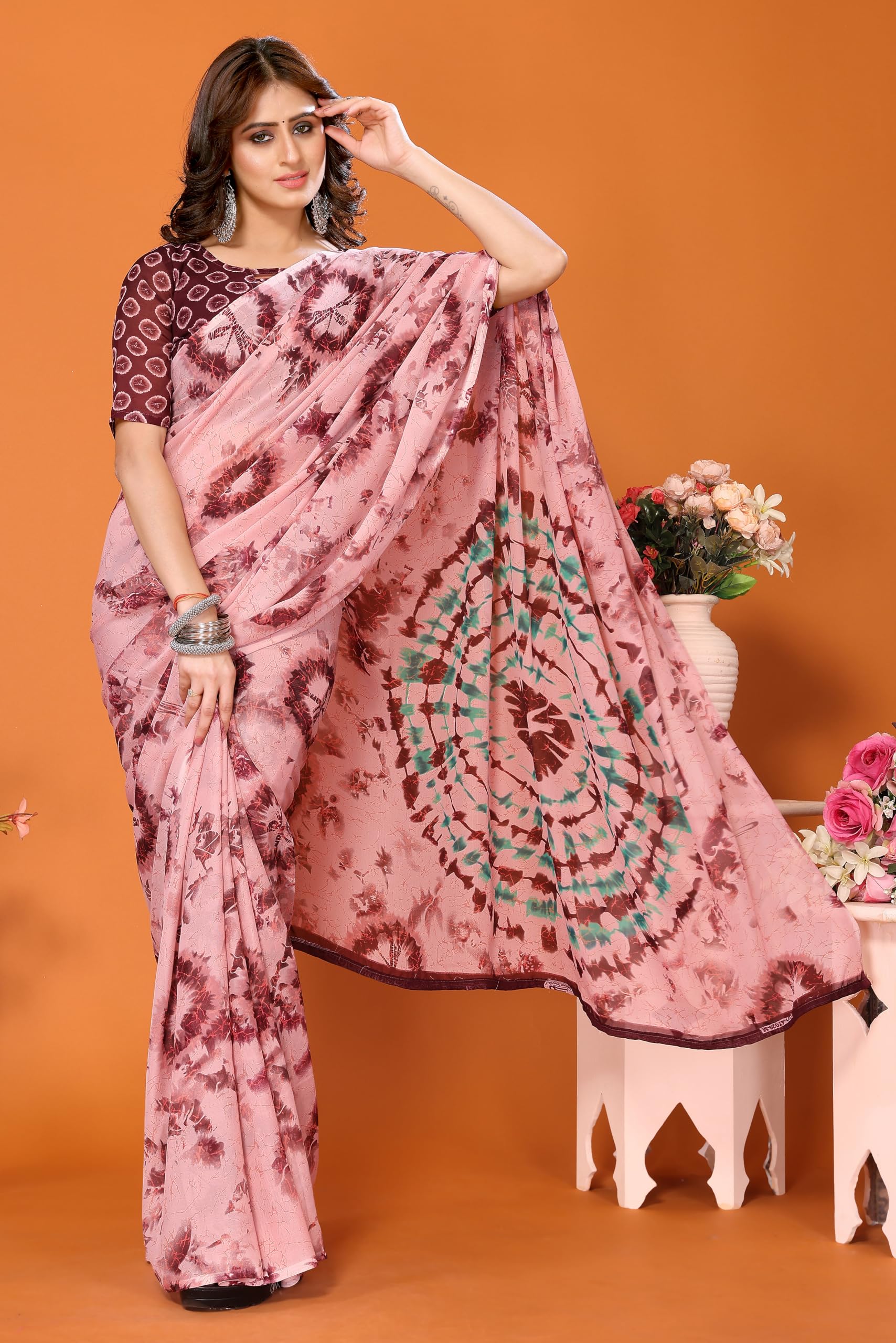 Yashika Mujer Moda Georgette Color Marrón Sari con Material Blusa - Imagen 12 de 13