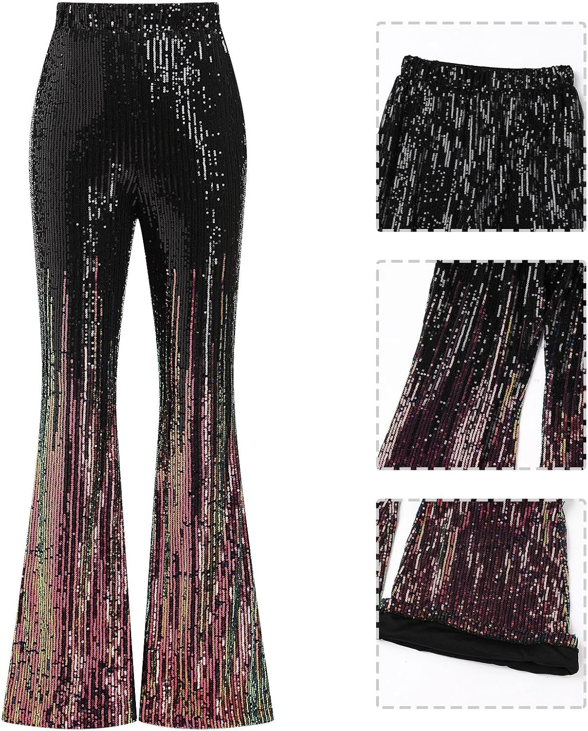 ODIZLI Womens Bell Bottom Sparkle Sequin Flare Pants Elastic High Waisted Bling Glitter Dance Pants - Image 4