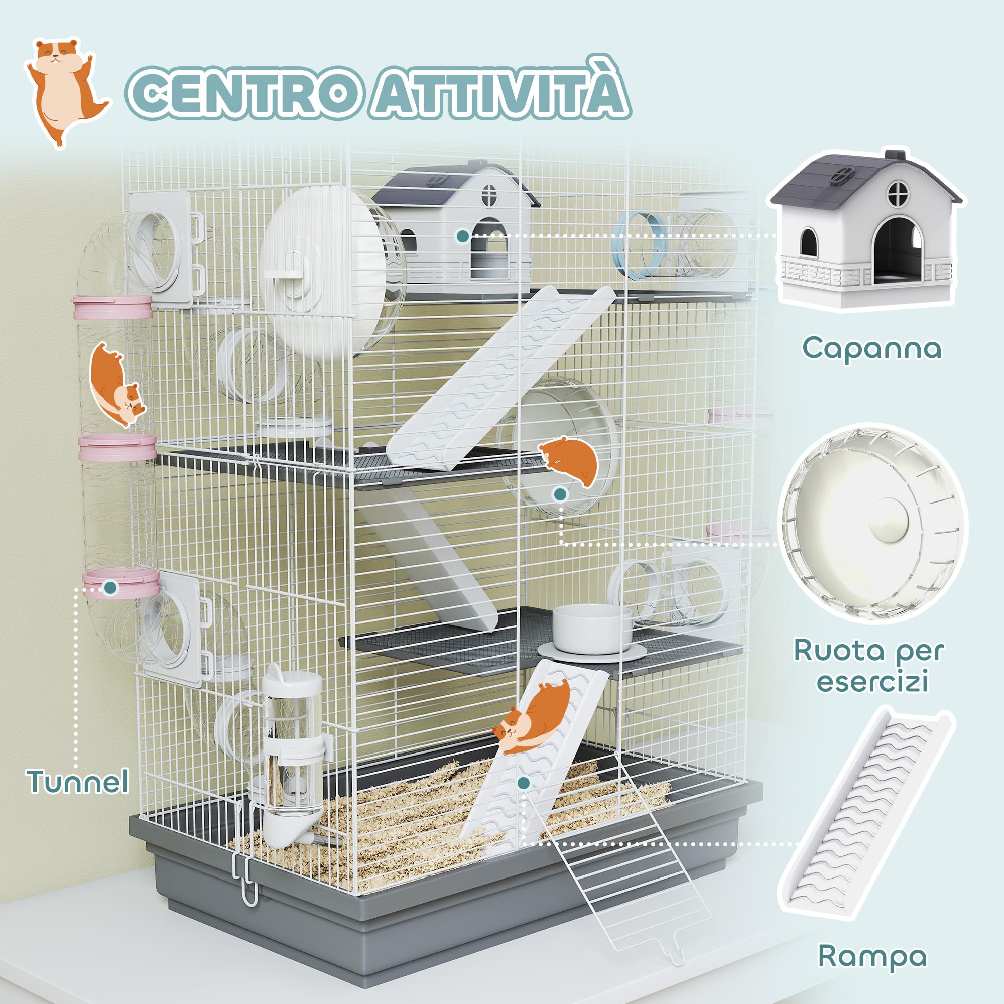 PawHut Gabbia per Criceti 4 Livelli 2 Ruote Silenziose 47x30x70cm Grigio | 16 Tubi, Casetta, Rampa, Ciotole, Serbatoio per l'Acqua, Vassoio Antigoccia, Gabbietta per Criceti, in Metallo e Plastica