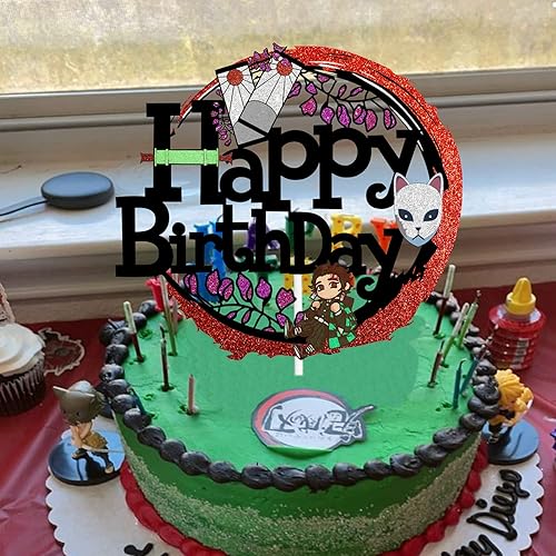 Miniatura 4 de Decoración para pastel de cumpleaños con temática de anime, decoración de fiesta de niño y niña con purpurina negra, suministros de decoración de