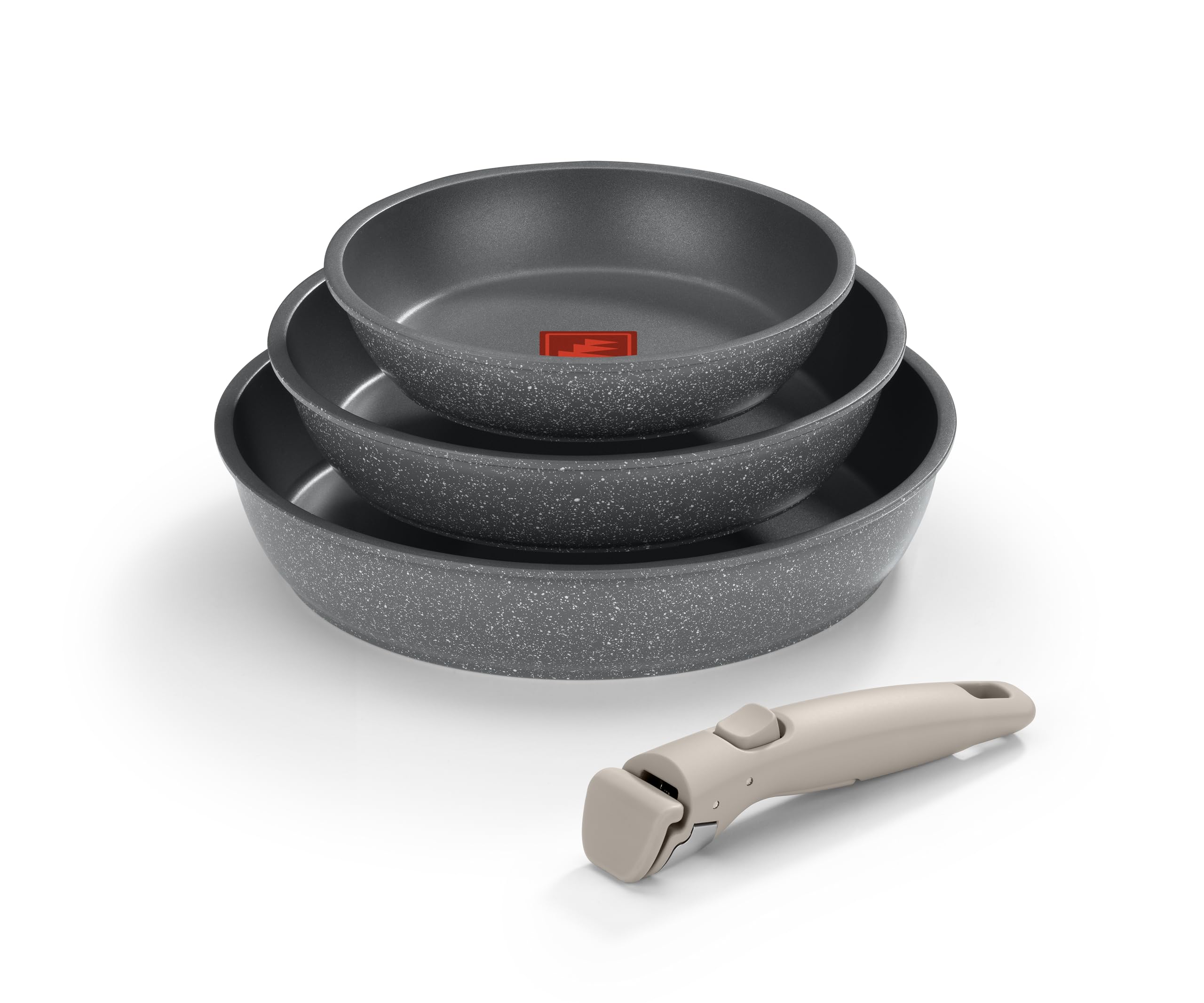 Monix One Click Pietra | Set 3 sartenes apilables, 20-24-26 cm, Antiadherentes, Mango desmontable, Indicador Temperatura Thermonix, Sin PFOA, Apta para todo tipo de Cocinas