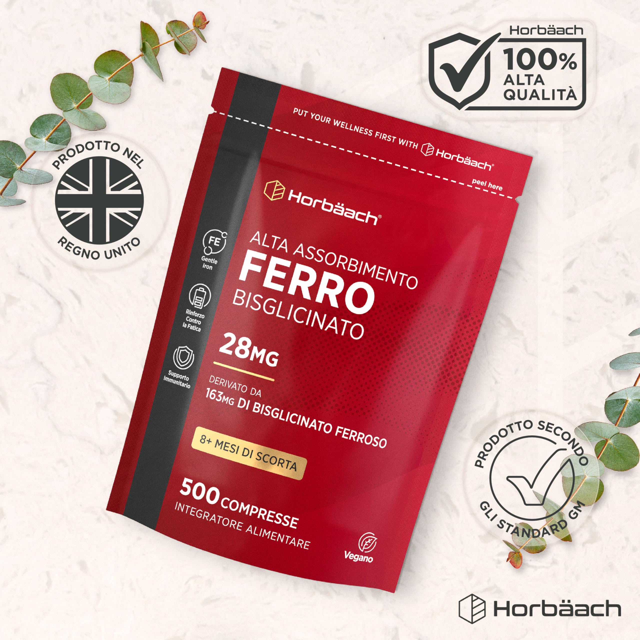 Ferro Integratore Forte 28 mg | 500 Compresse Vegane | Ferro Bisglicinato | Supporto Energetico | Gentle Iron Supplement | di Horbaach
