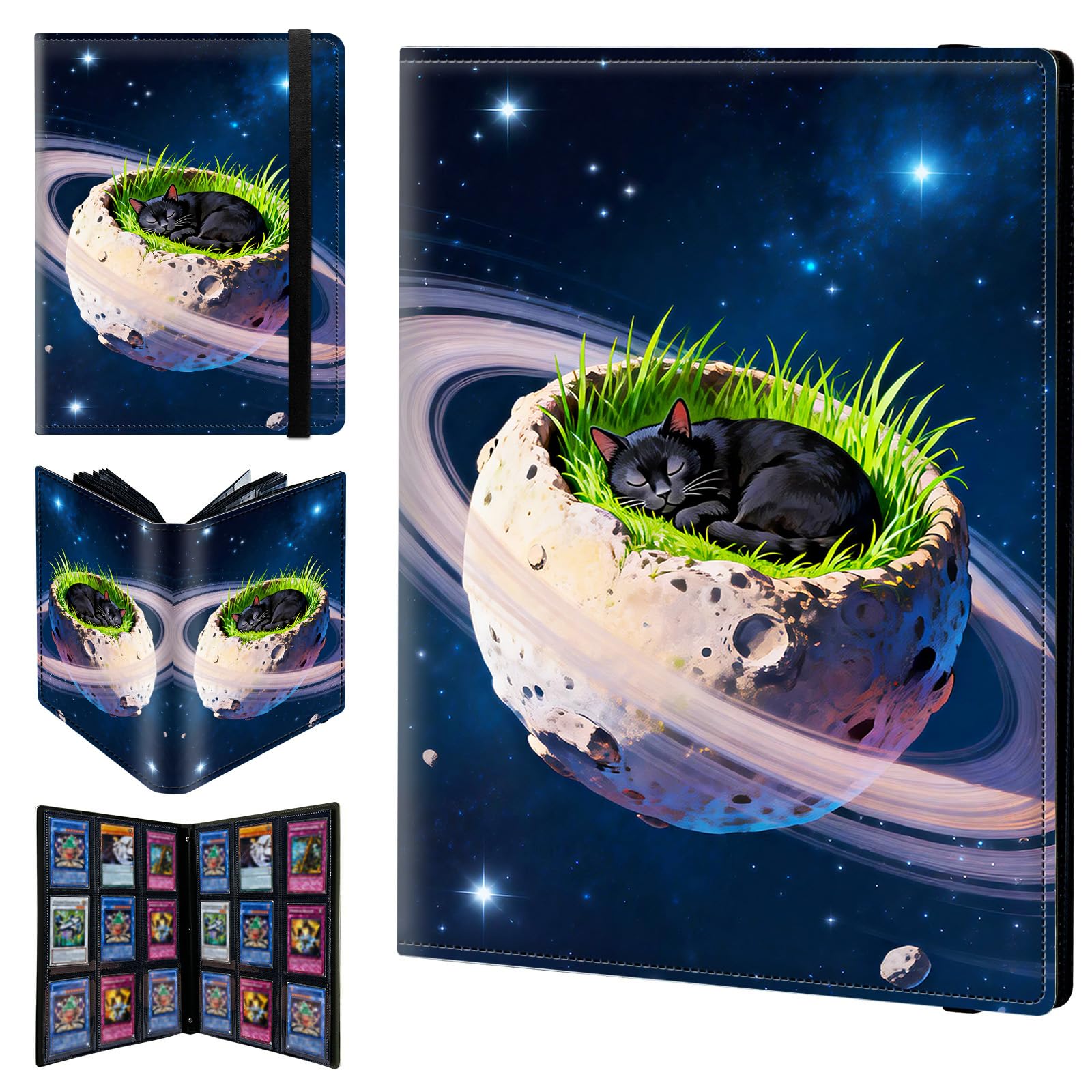 9 Pocket Trading Card Binder 900 Side Loading Pocket Album with Planet Black Cat Pattern Design Card Binder for Sports Cards & Game Cards