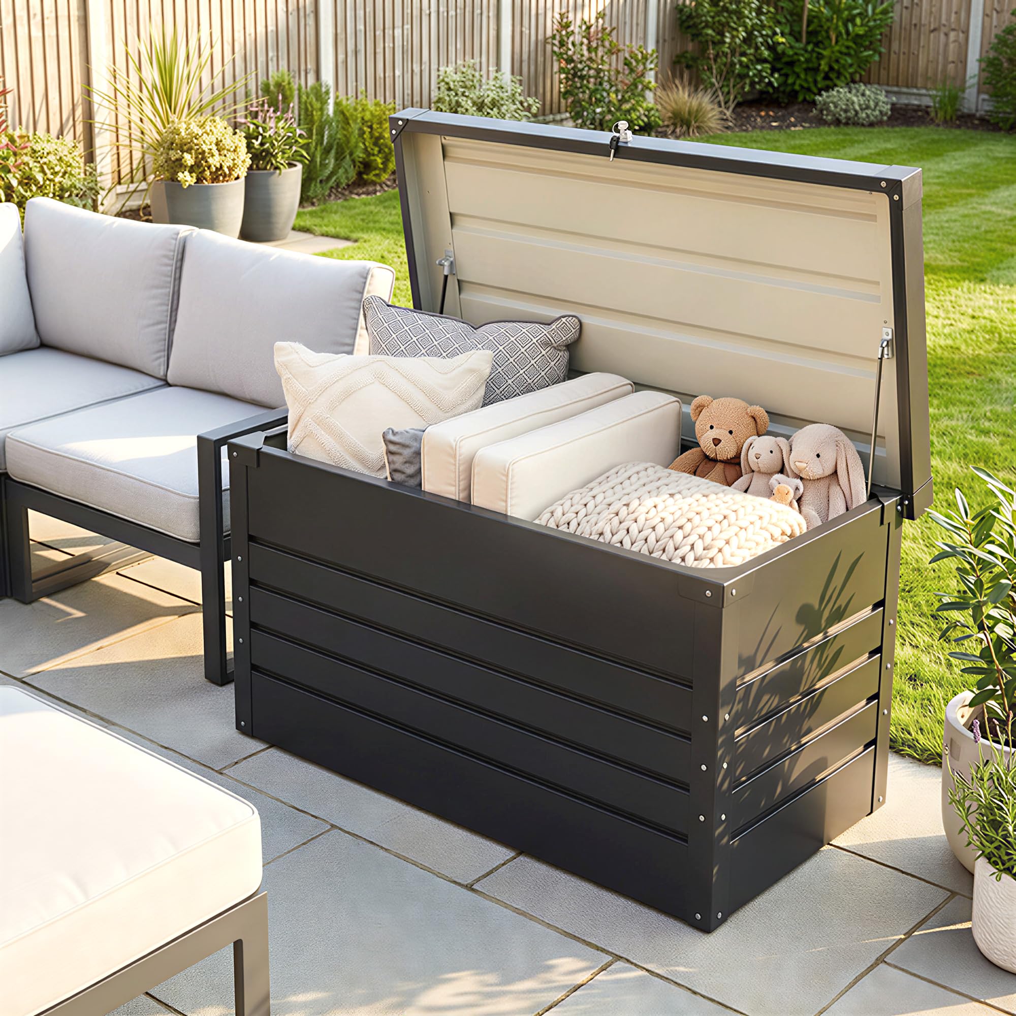 Outsunny Scatola da giardino in metallo 450 l, in acciaio zincato, impermeabile, con doppio cilindro a gas, contenitore con serratura per cuscini, attrezzi e terrazza, colore: grigio antracite