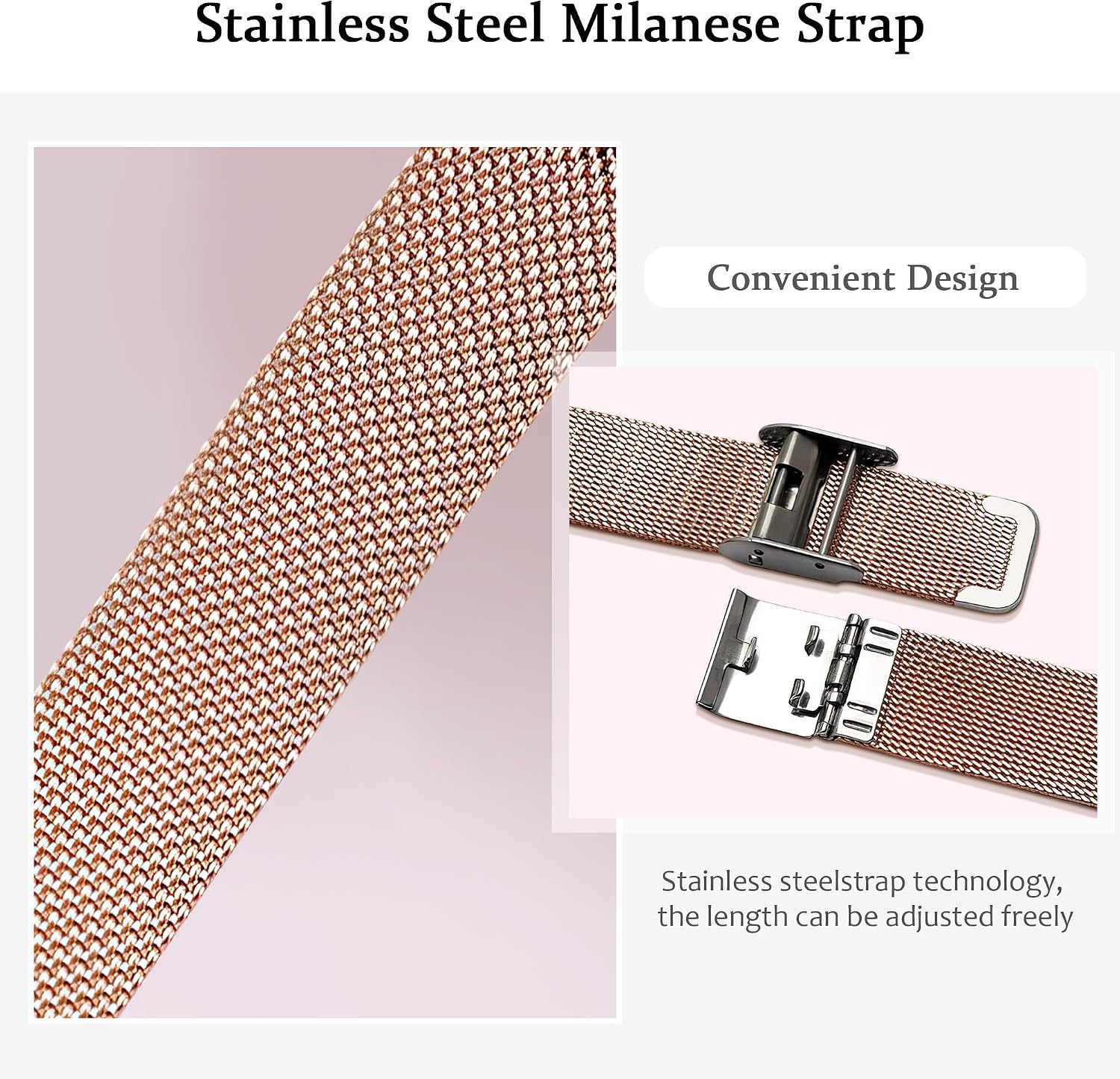 Close-up of the stainless steel Milanese strap and its adjustable clasp