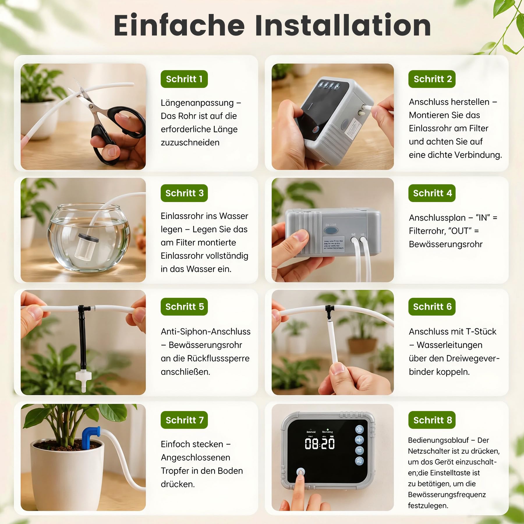 Sistema de riego automático de riego por goteo para riego de plantas interior, pantalla LCD, suministra hasta 15 macetas, 350 modos para vacaciones, balcón