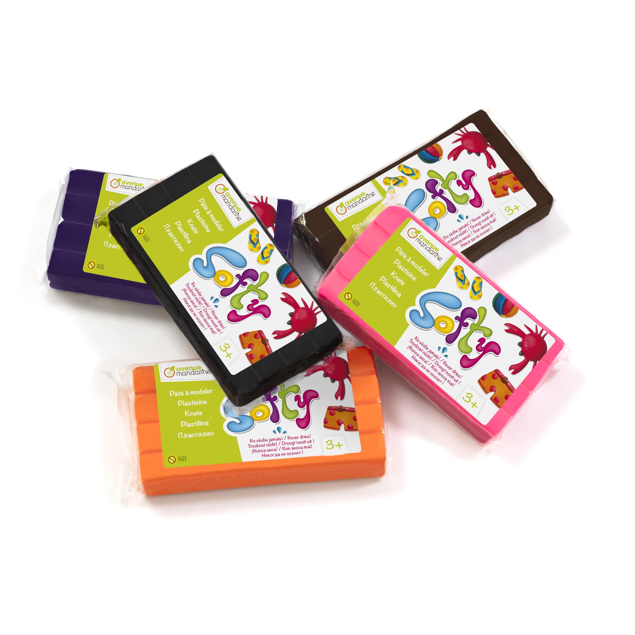 AVENUE MANDARINE SO0870005K02C - Set of 5 Softy Clay - 500g - Modelling for Children - 5 Complementary Colours Pink, Orange, Violet, Brown, Black - Very Soft