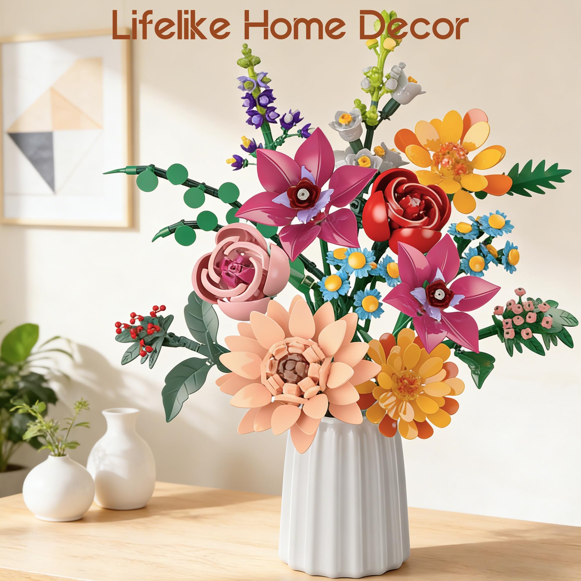 Kit de Construcción de Ramo de Flores, 887 Pcs Flores Eternas con Flowers Roses, Regalo Romántico o Decoración Duradera Ideal para Mujeres, Niños 6+, Adultos Navidad, Cumpleaños, San Valentín