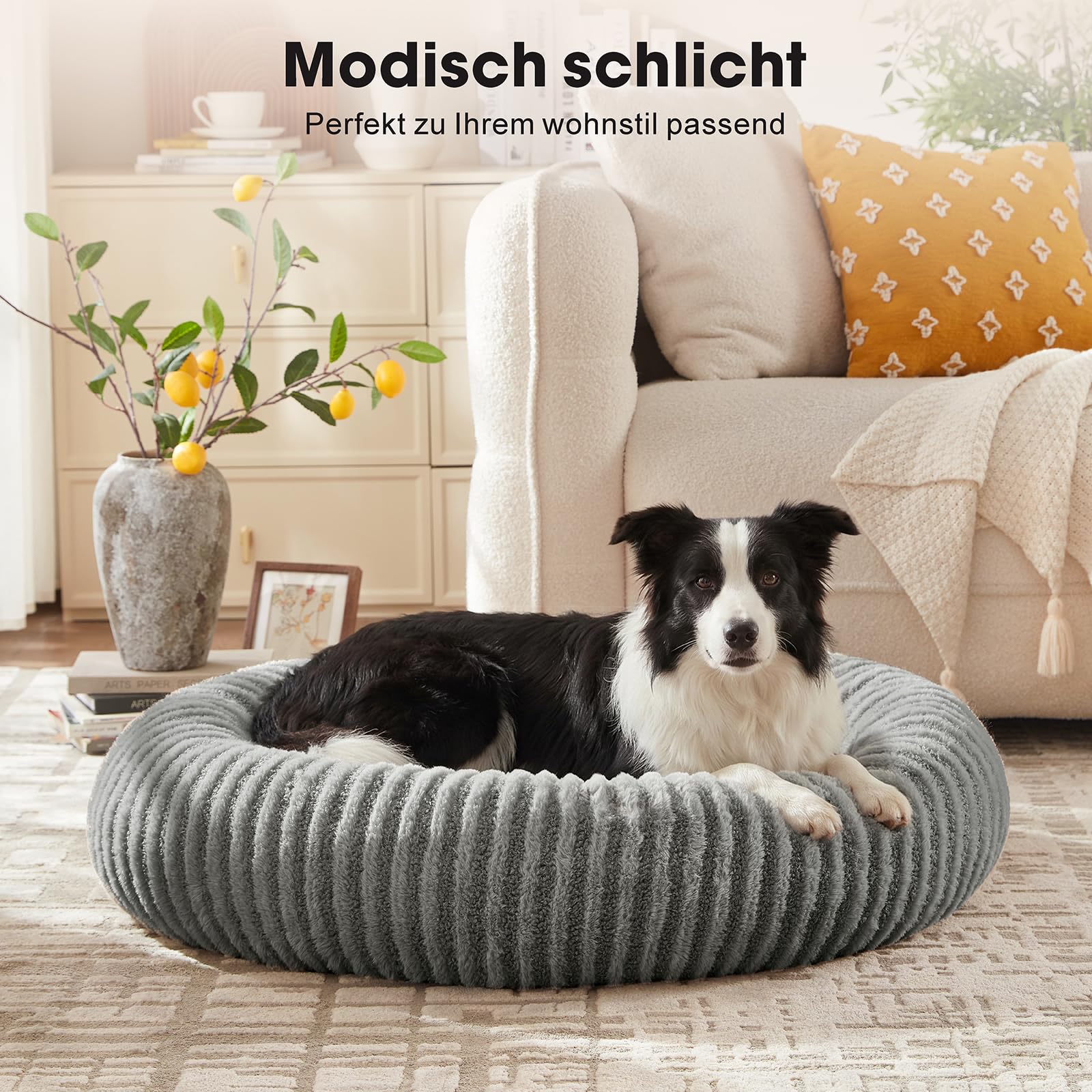 Pawk Hundebett Mittelgroße Hunde Rund, Donut Hundebett Waschbar, Kuscheliges Hundekorb Weich rutschfest, Kaninchenimitat-Plüsch & Teddy-Fleece Hundekorb, ø76 cm, Grau