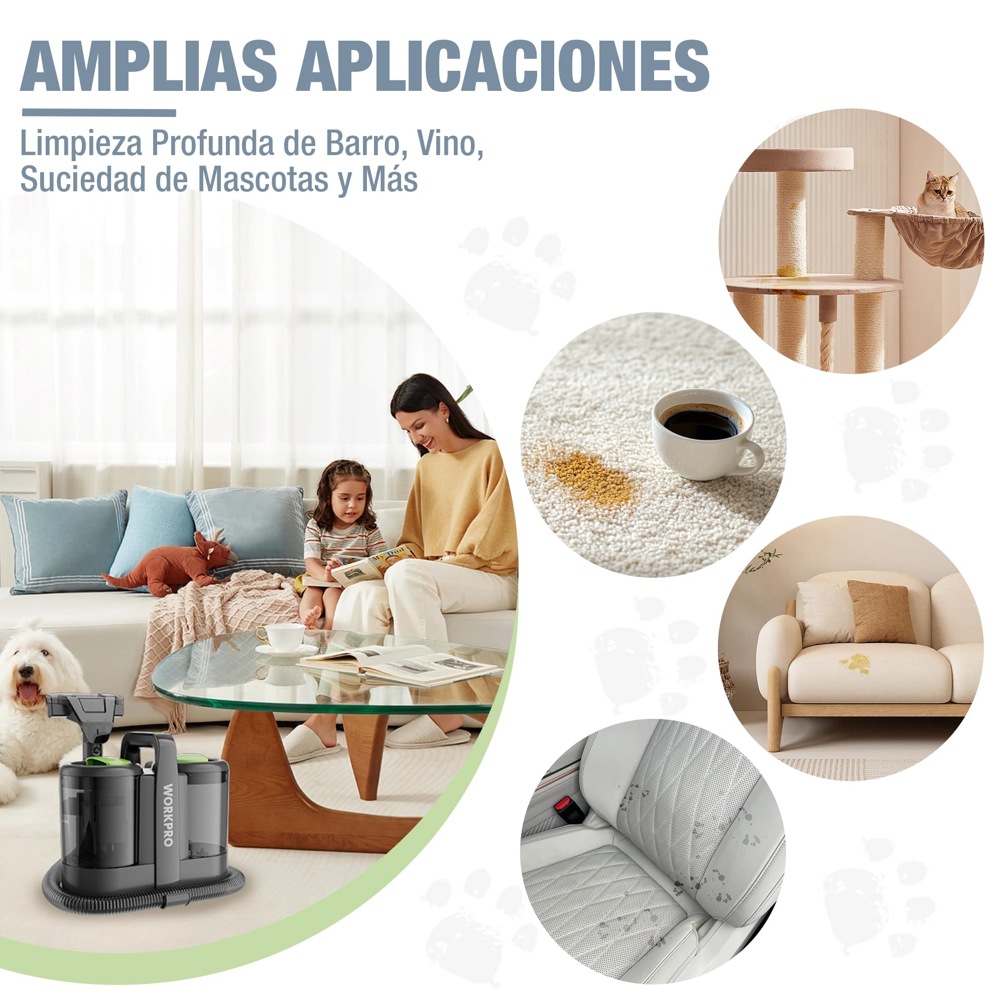WORKPRO Aspiradora de Agua Tapiceria, Limpiador de Tapicerias de 450W, Aspiradora para Alfombras con Detergente, Limpia Moquetas, Maquina Aspirador para Tapicerias, Sofá, 75 dB