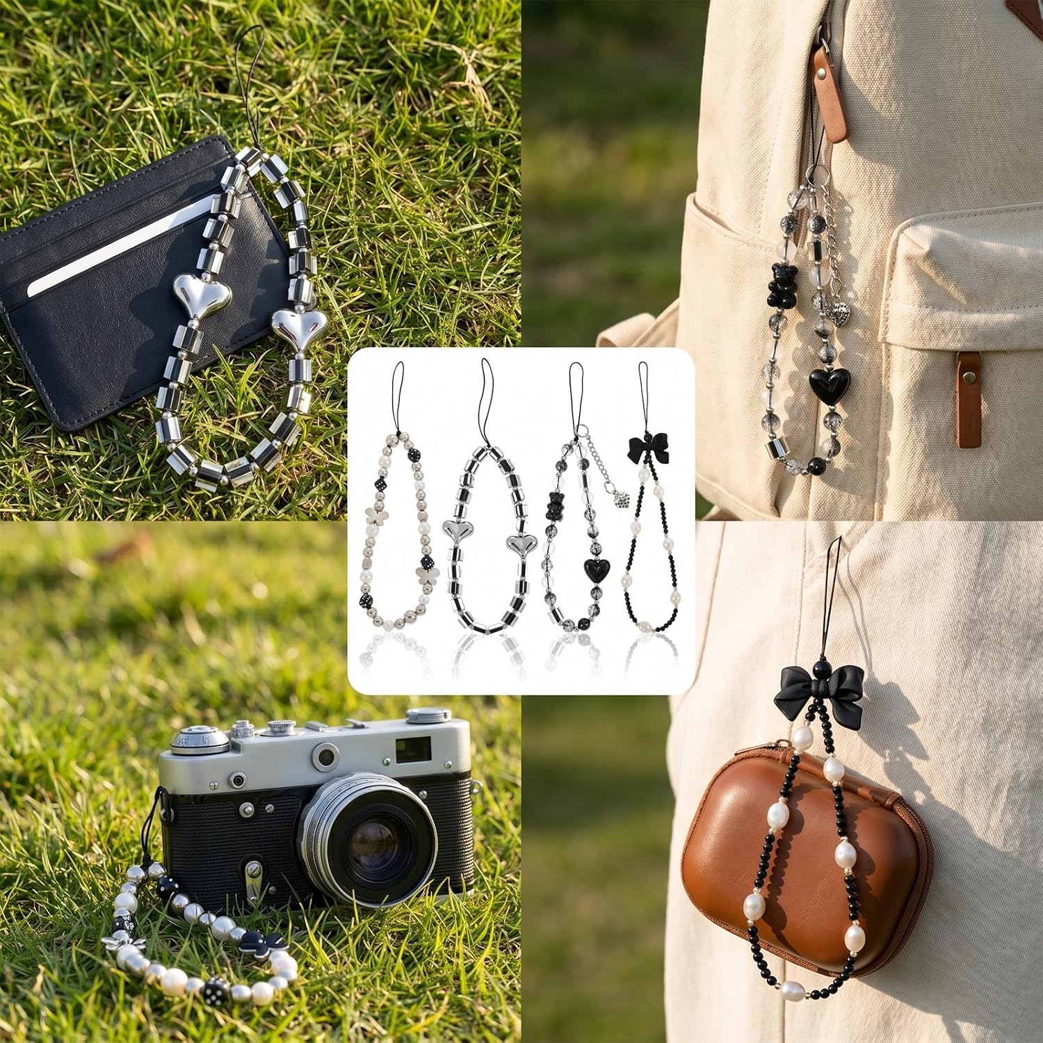 Skrfren 4PCS Phone Charm Wrist Strap Black Beaded Lanyard Cute Chain String Accessories for Phone Case Keychain Camera Pendants Decor