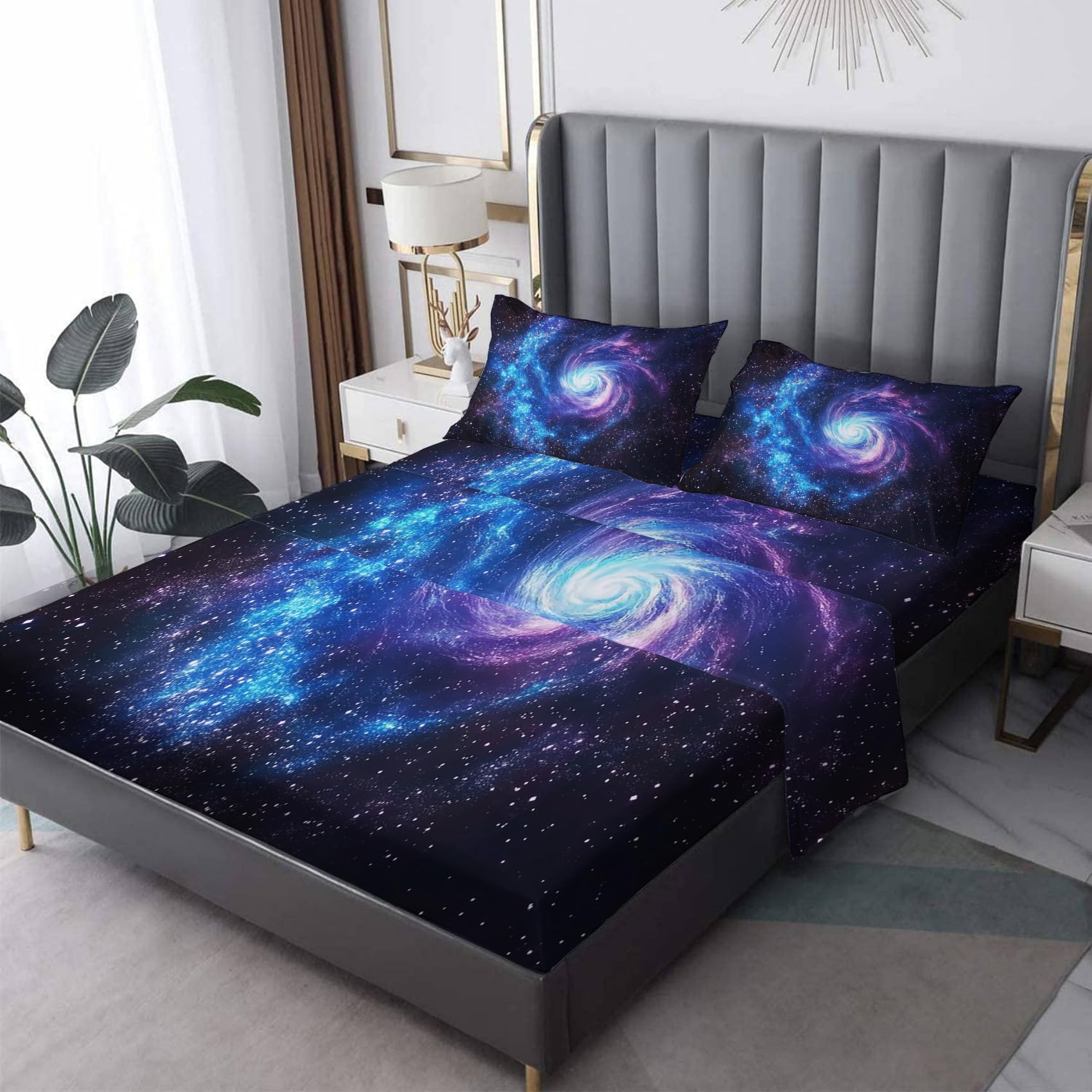 Fizzenobia Galaxy Sheet - King Sheet Sets - Purple and Blue Starry Sky Bed Sheets, Soft Microfiber & Deep Pocket & Anti-Pilling Patterned Bedding