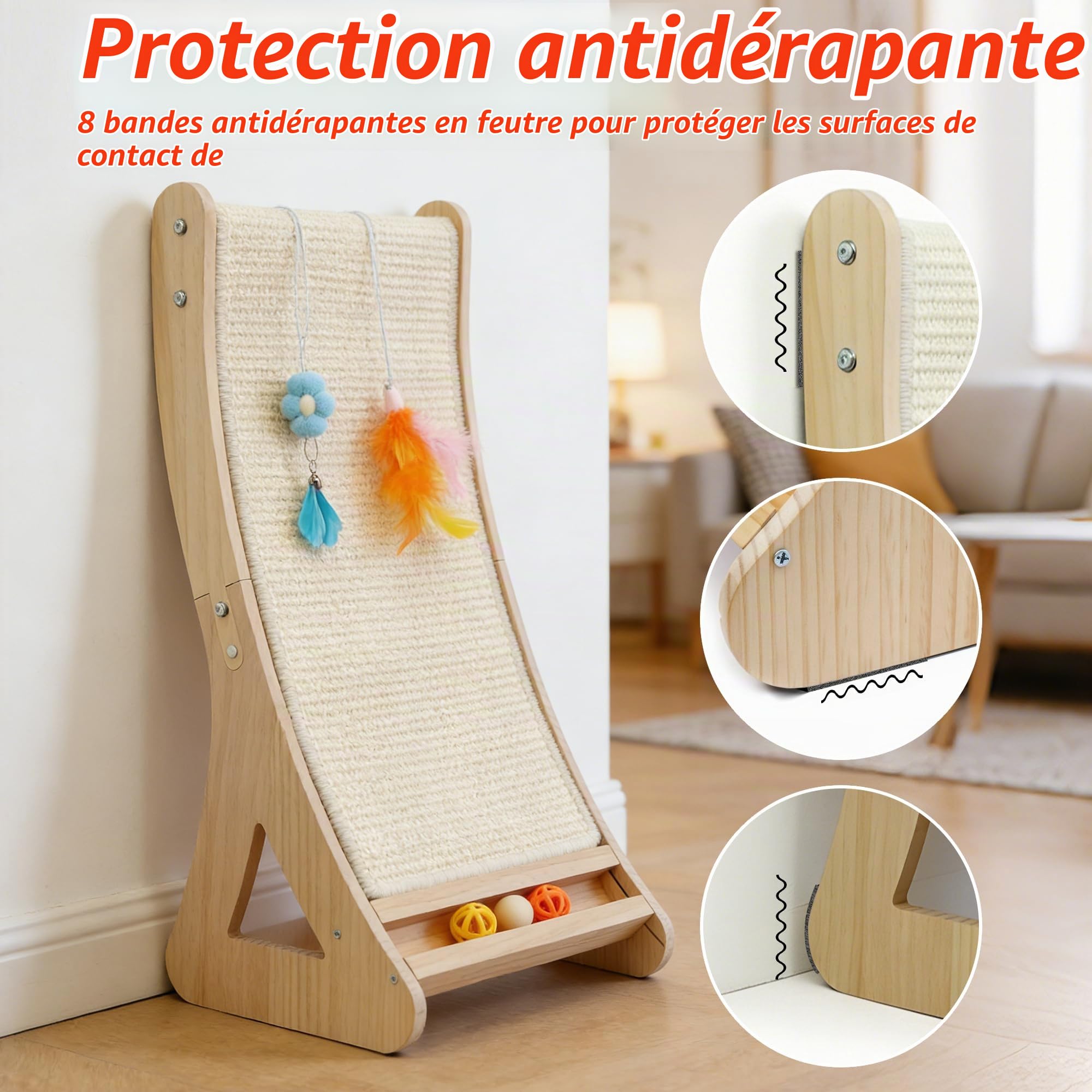 Griffoir pour Chat avec Tapis Griffoir Chaten Sisal Naturel 100% Planche Gratter Chat en Rampe Arqué de 63cm,Bois Massif Griffoir Interactif Chat avec Cloche Plume Protéger pour Canapé,Mural