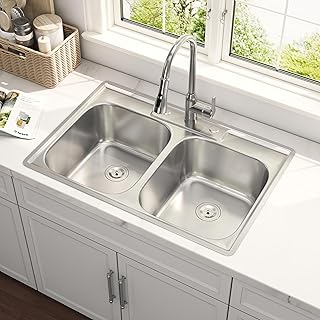 33x22 Double Bowl Drop In Kitchen Sink 33 Inch Topmount 304 Stainless St...