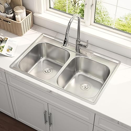 33x22 Double Bowl Drop In Kitchen Sink 33 Inch Topmount 304 Stainless Steel 18 Gauge Curved Shape Round Corner 50/50 Sinks with Basket Strainer 33" x 22" x 9"