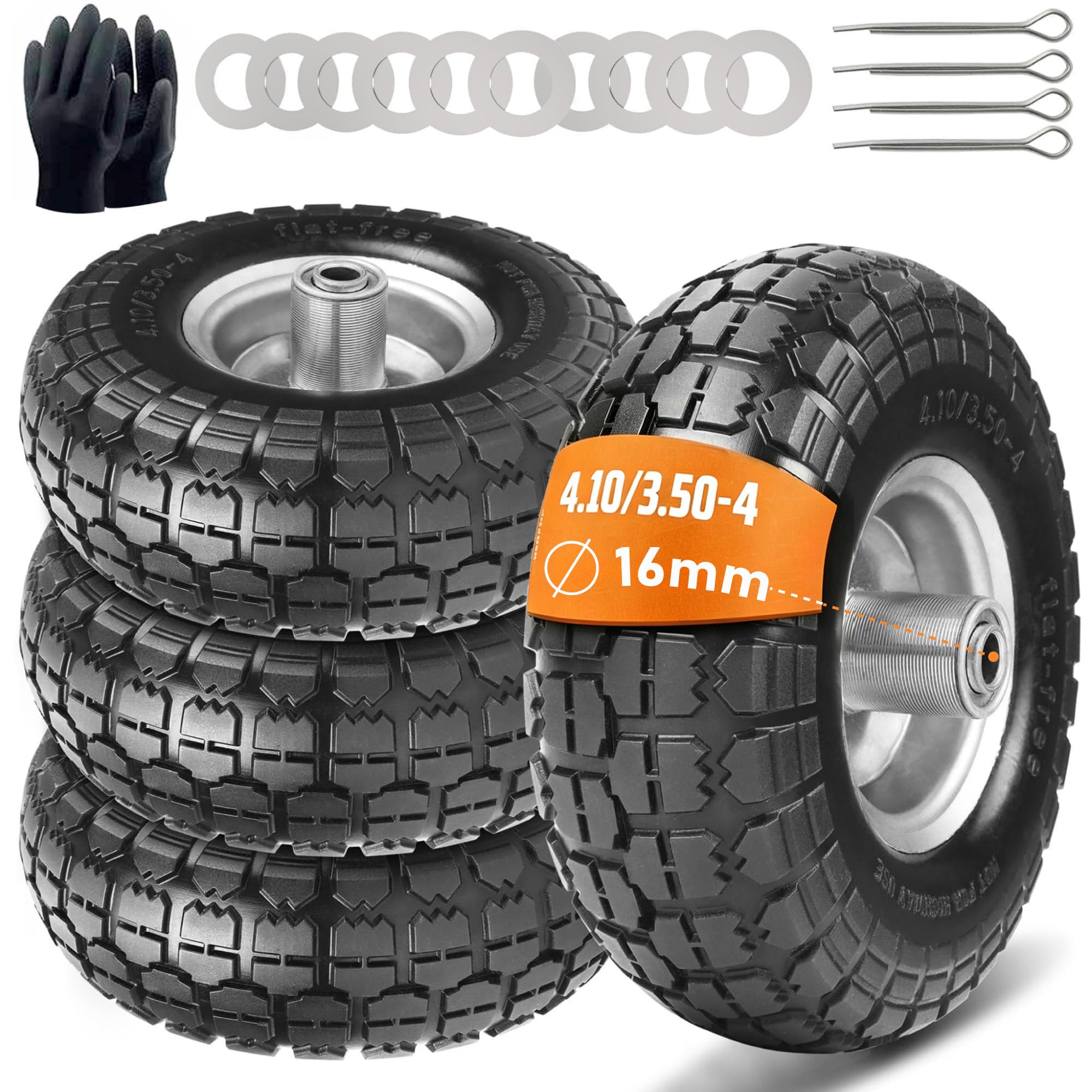 4 piezas de ruedas para carretilla con neumáticos de goma maciza - Neumáticos de goma maciza 4.10 3.50-4, ruedas de repuesto para carritos 260 x 85 mm, eje de rueda de 16 mm