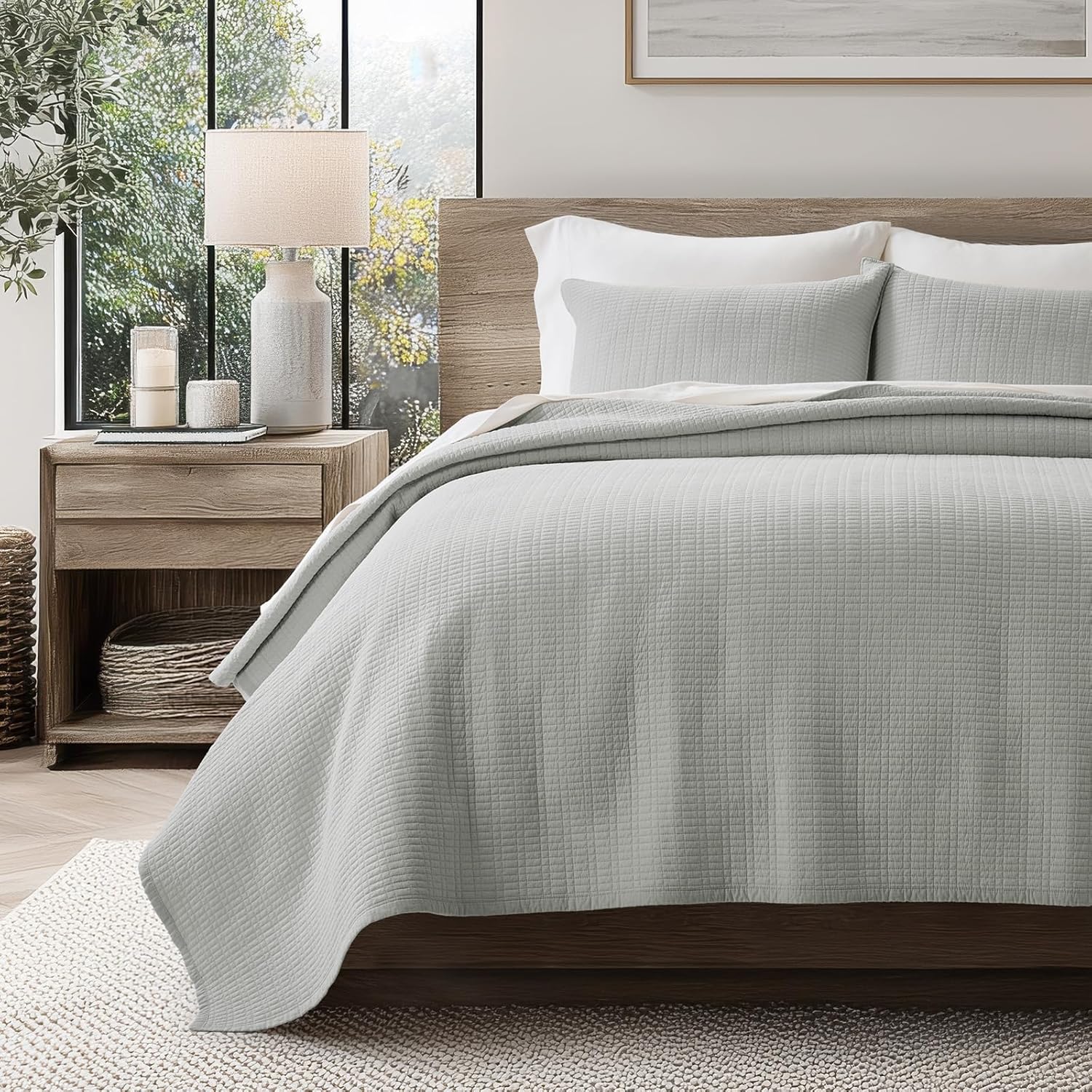 EverGrace 100% Cotton Quilt King Size, Pre-Washed Modern Grid Stitch Lightweight Bedspread Coverlet for All Season, Oversized 3-Piece Bedding Set with 2 Pillow Shams, Drizzle Gray