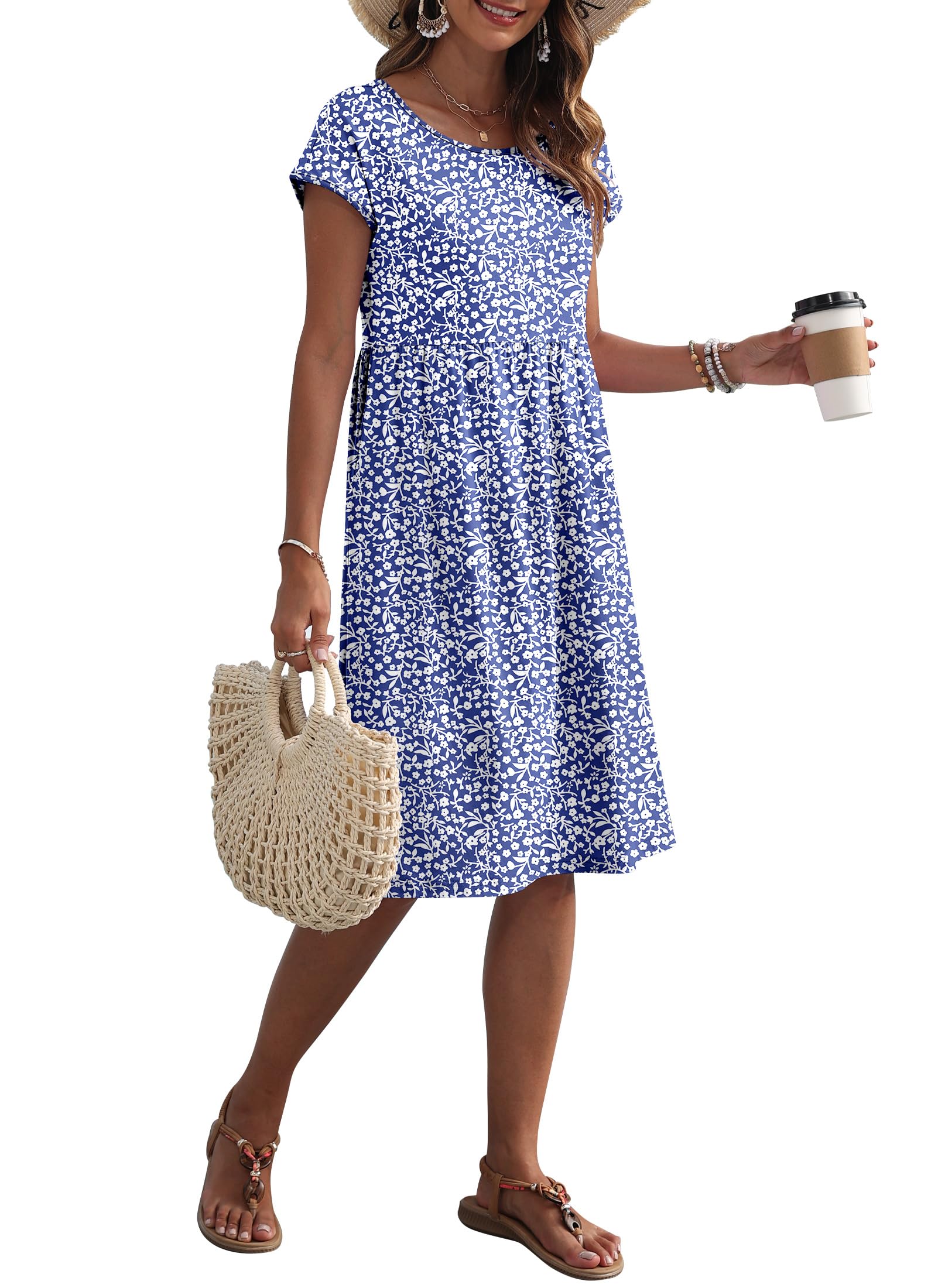 AUSELILY Vestido Verano Manga Corta hasta la Rodilla para Mujer Vestidos Holgado con Cuello Redondo y Bolsillos