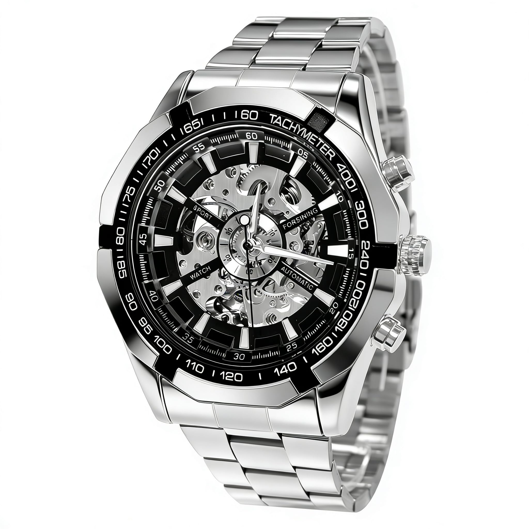 Mens Watches, Mechanical Skeleton Stainless Steel Waterproof Automatic Self-Winding Watch for Men, Luxury X Dial Steampunk Wrist Watch