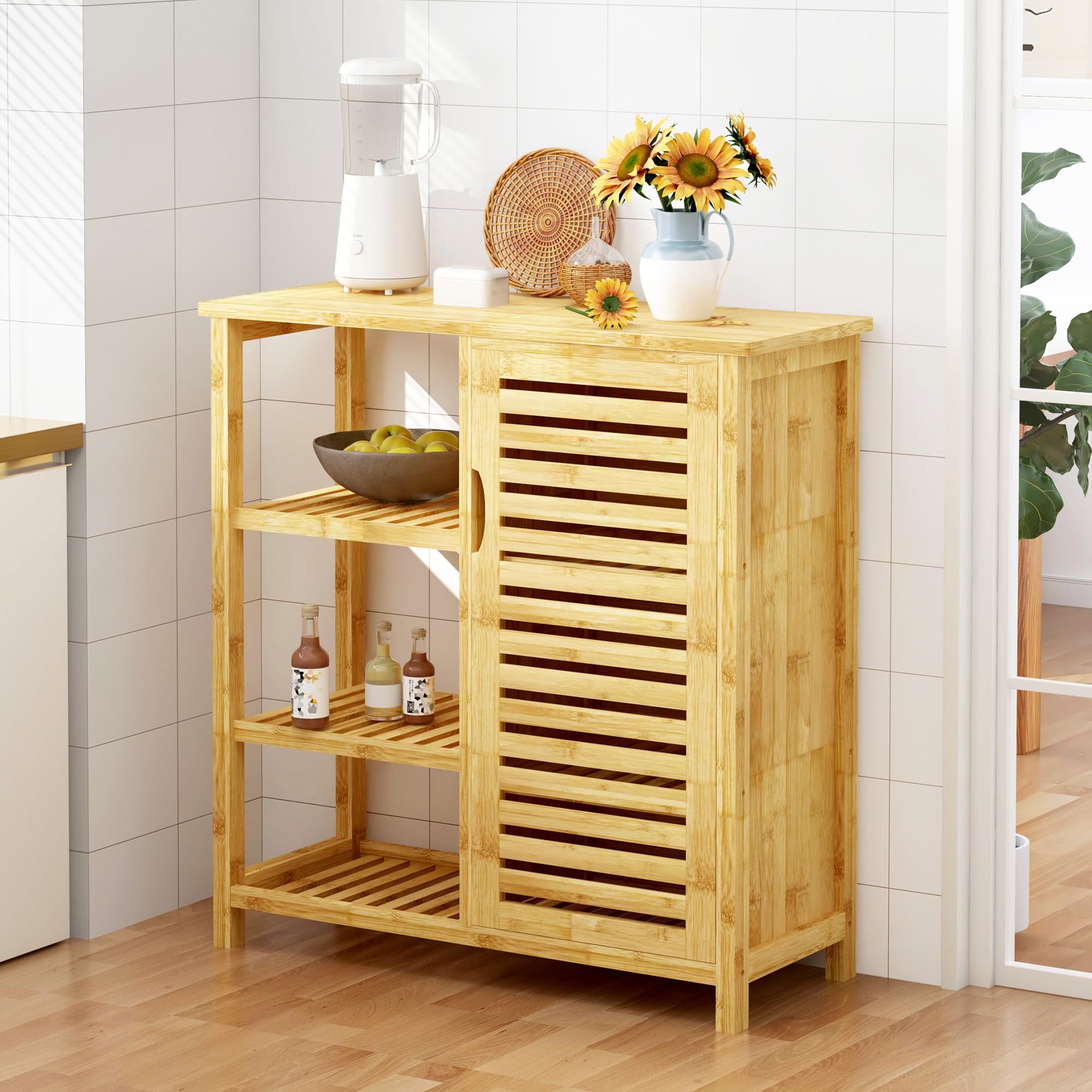 SogesPower Gabinete de Almacenamiento de Piso de baño con Puerta y estantes, Organizador de Almacenamiento Independiente con Puerta de Obturador, gabinete de bambú de 3 Niveles para Cocina, Sala