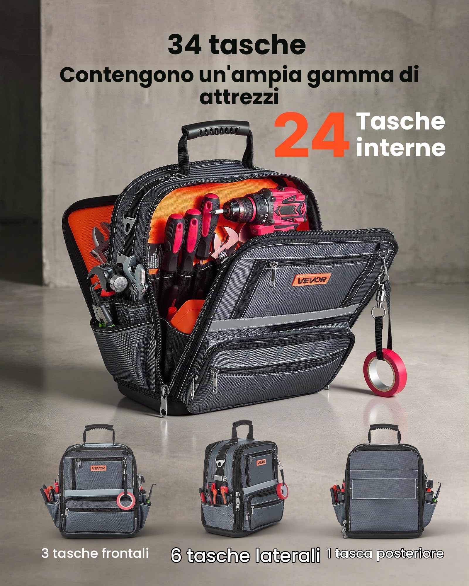VEVOR Borsa Portautensili 335mm, 34 Tasche, Organizer Portatile per Attrezzi con Base Rigida in Plastica, Ampia Apertura a Cerniera, Tracolla Regolabile, Resistente all'Acqua, per Fai da Te e Cantiere