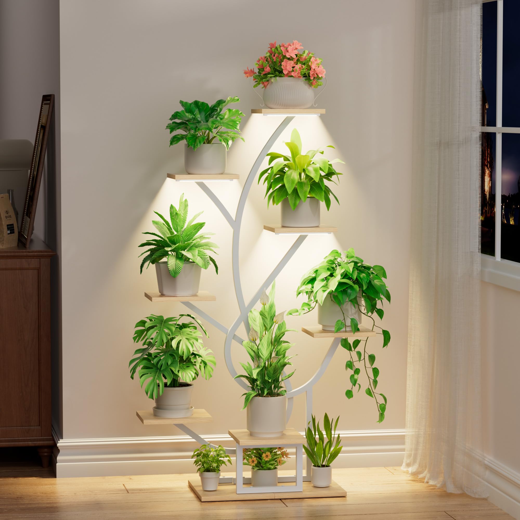 BACEKOLL Soporte para plantas con luz de crecimiento - 8 niveles, soporte para flores de 126 cm, metal y madera, estantería para plantas - para interior y exterior, escalera para flores - Blanco