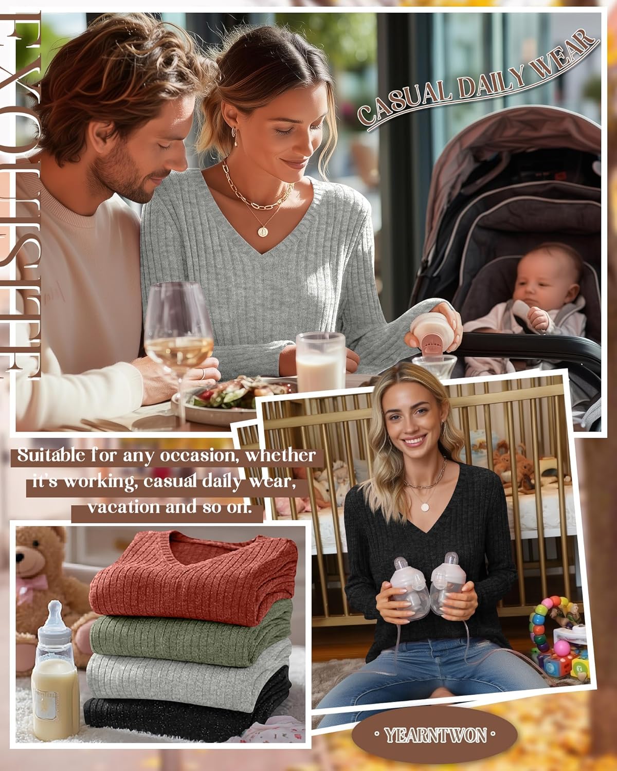 4 Pack Women's Maternity Nursing Tops, V Neck Breastfeeding Sweaters Long Sleeve Hidden Zipper Shirts - Image 2